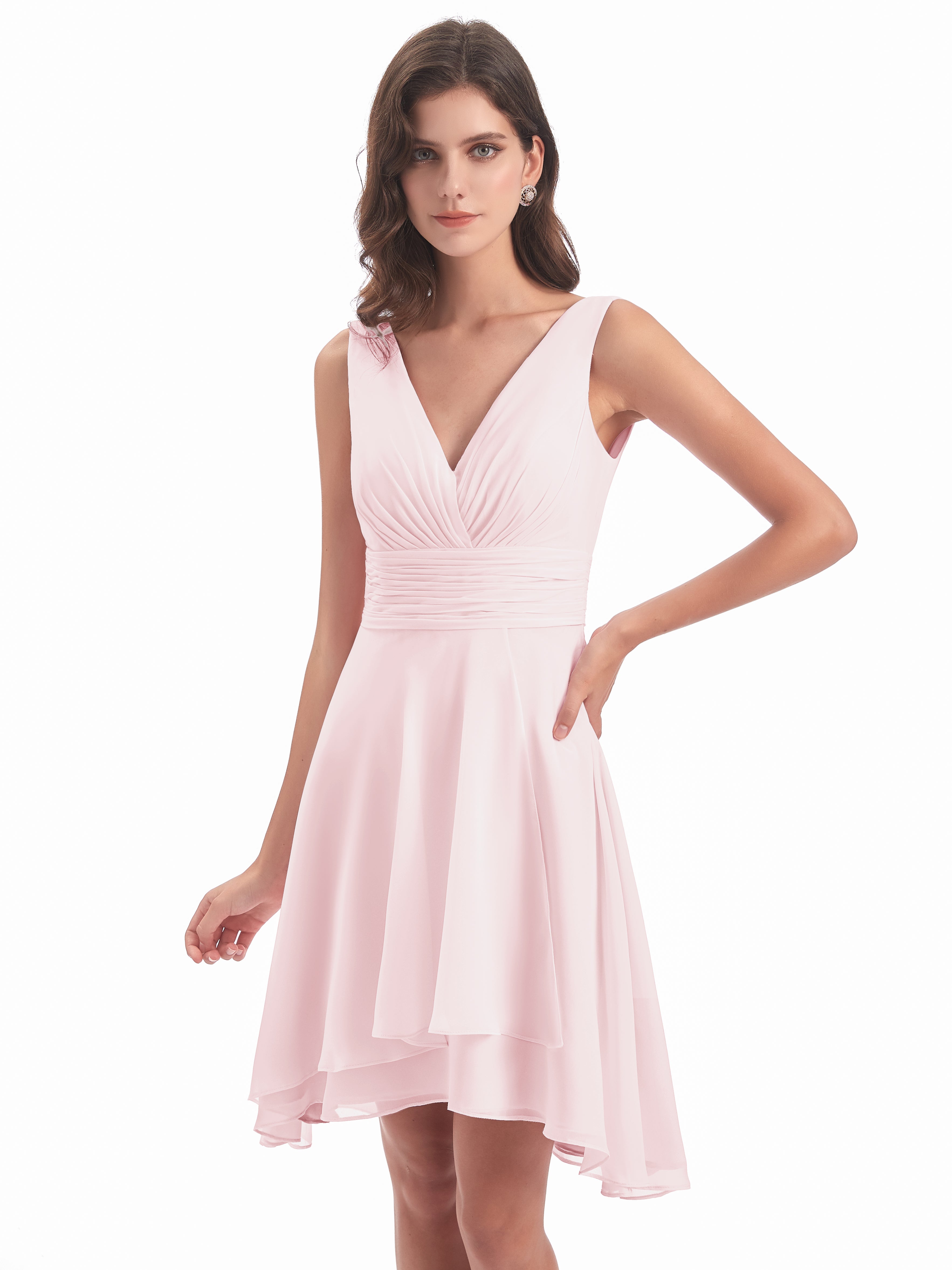 Robe Rose Pale Demoiselle D Honneur Haute Basse Col V Robes Demoiselle D'Honneur