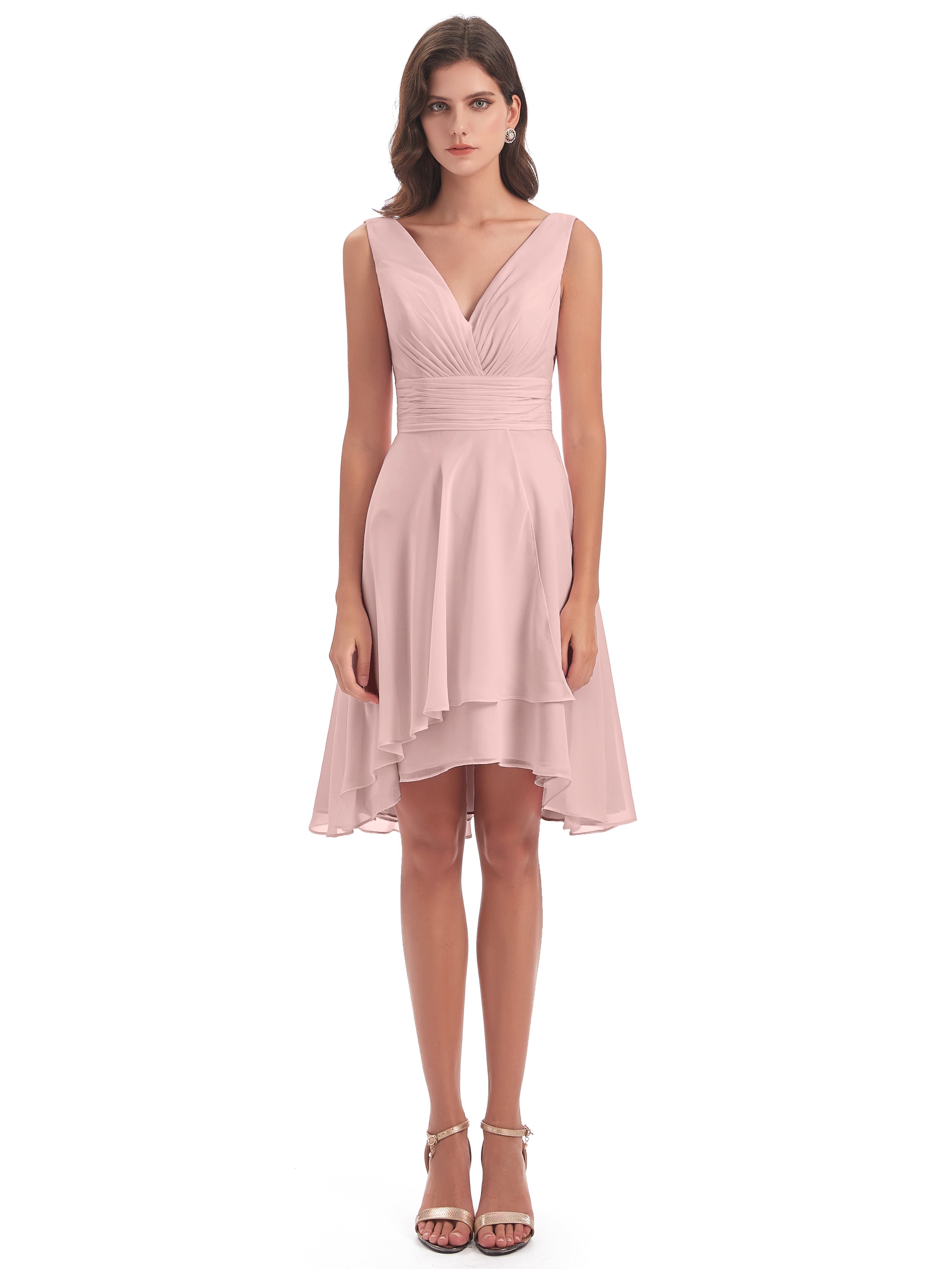 Longues Robes De Demoiselle D'Honneur De Rose Poudrée Haute Basse Col V Robes Demoiselle D'Honneur