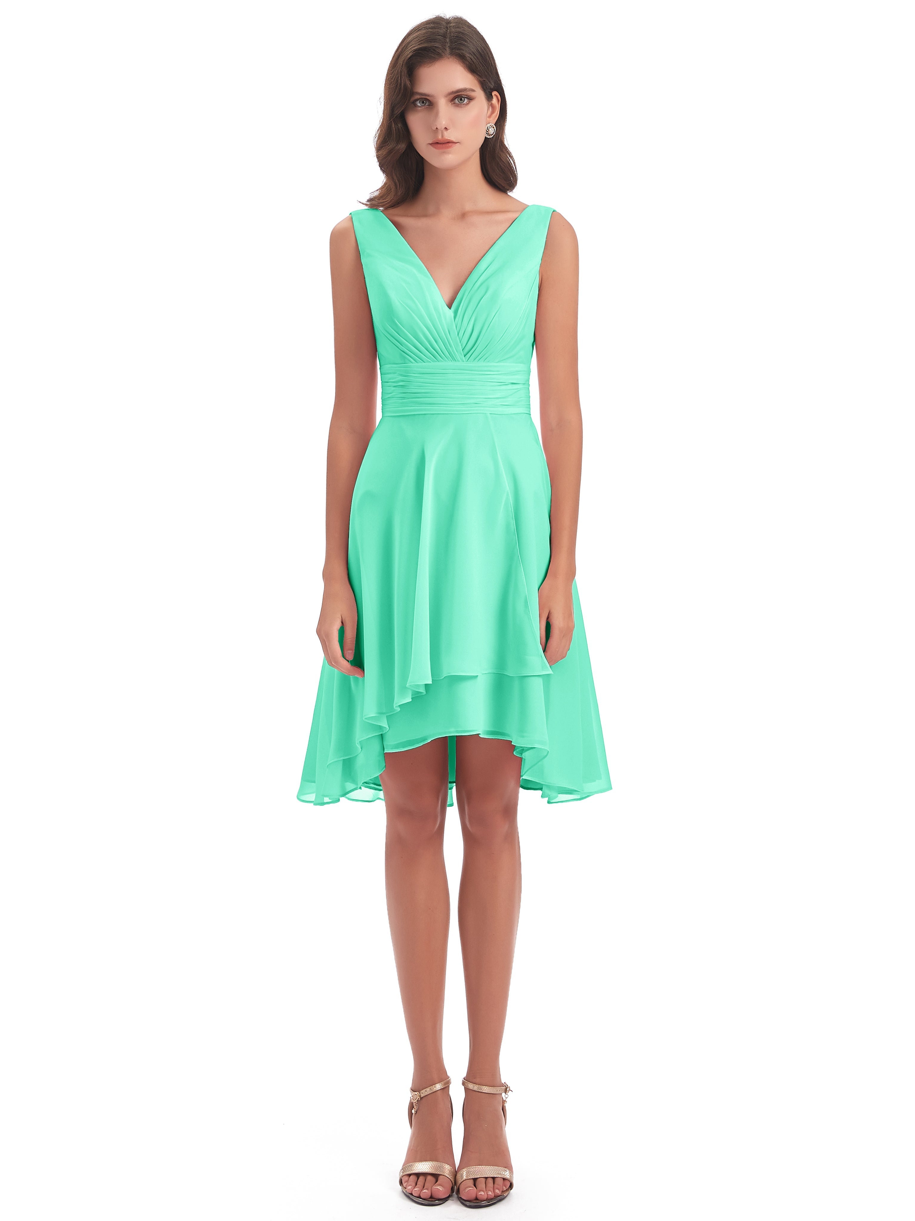 Robe Demoiselle D Honneur Bleu Turquoise Haute Basse Col V Robes Demoiselle D'Honneur