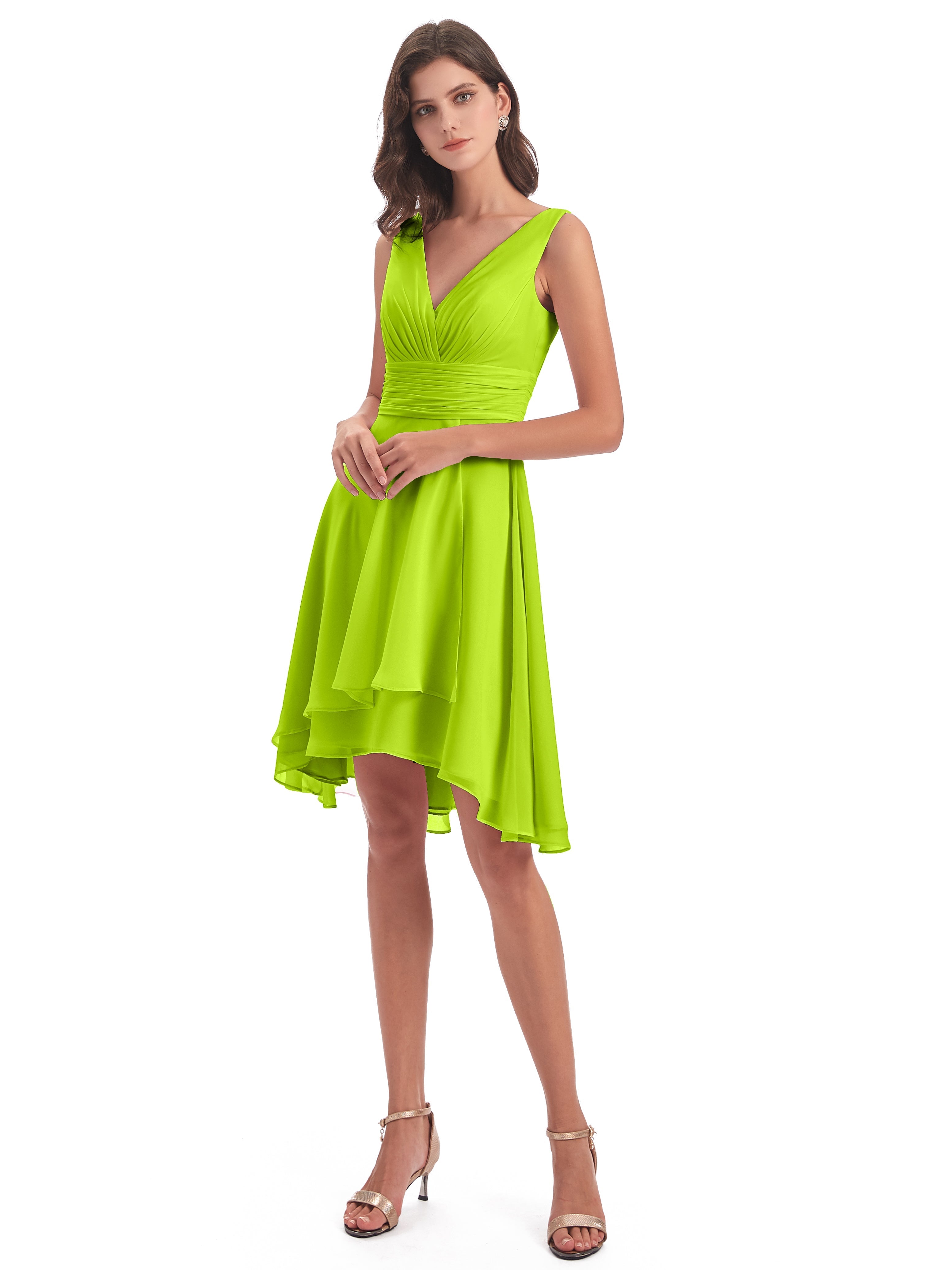 Robes De Demoiselle D'Honneur Vert Citron Haute Basse Col V Robes Demoiselle D'Honneur