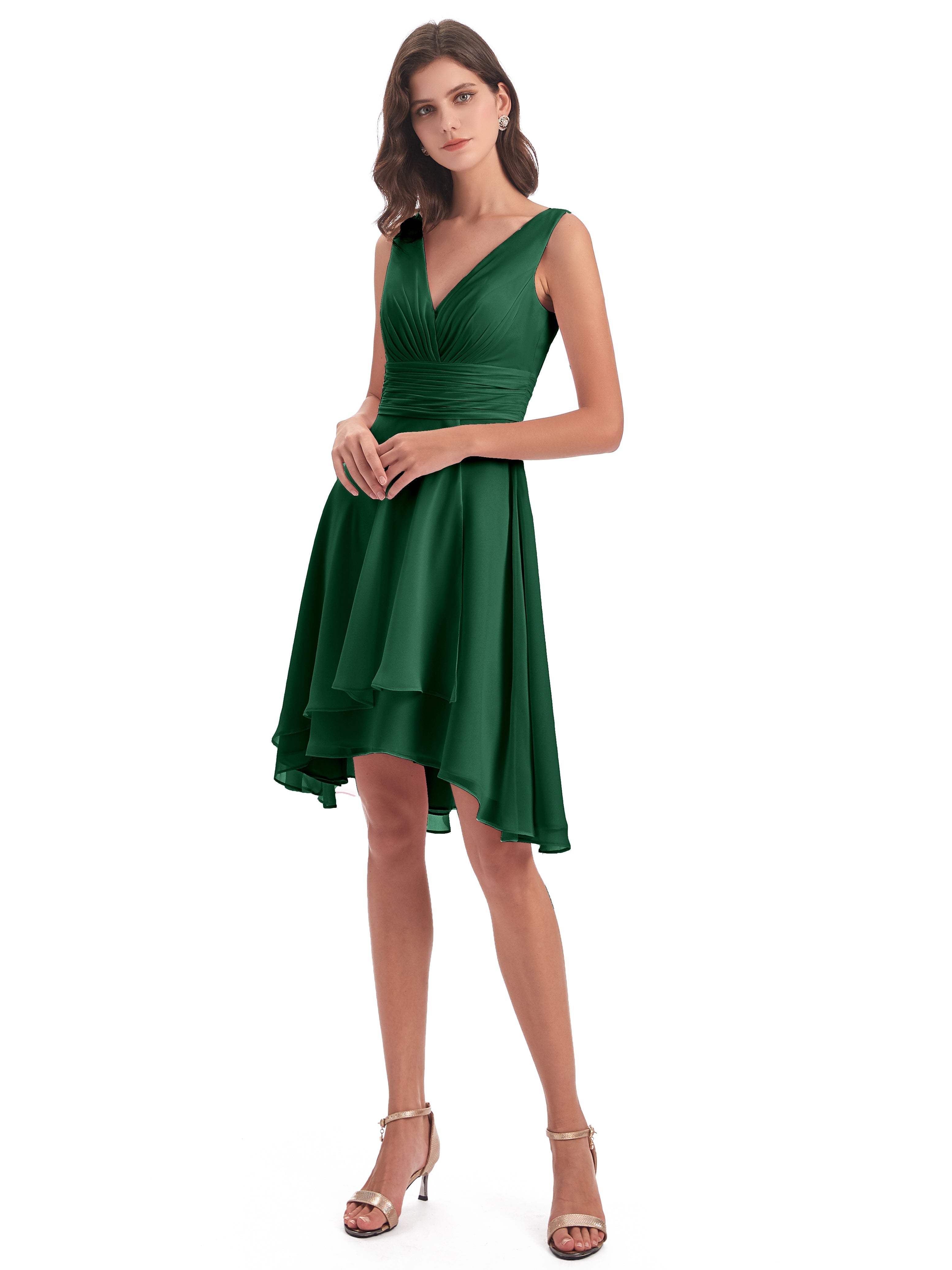 Demoiselle D'Honneur Vert Foncé Haute Basse Col V Robes Demoiselle D'Honneur