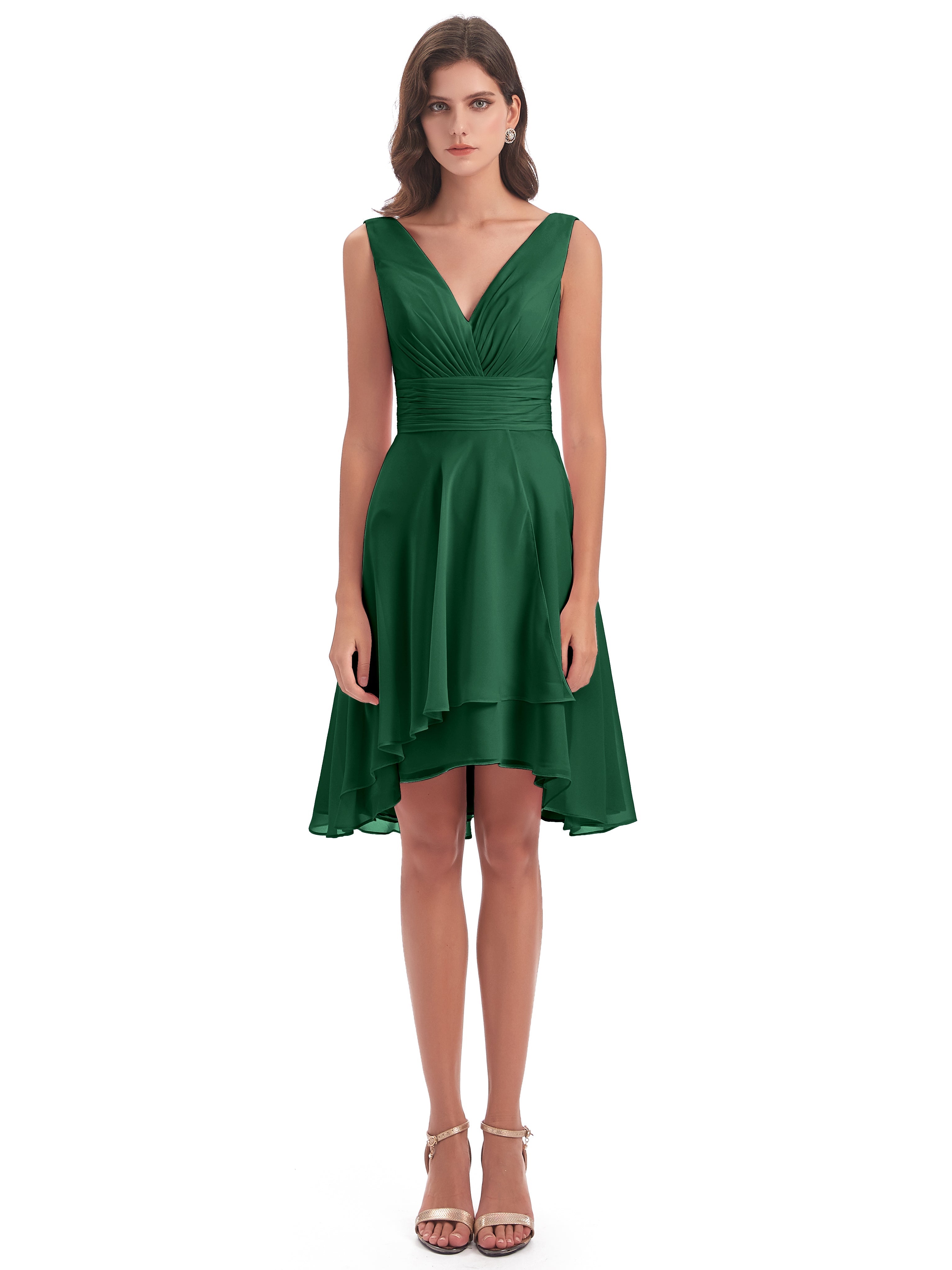 Demoiselle D'Honneur Vert Foncé Haute Basse Col V Robes Demoiselle D'Honneur