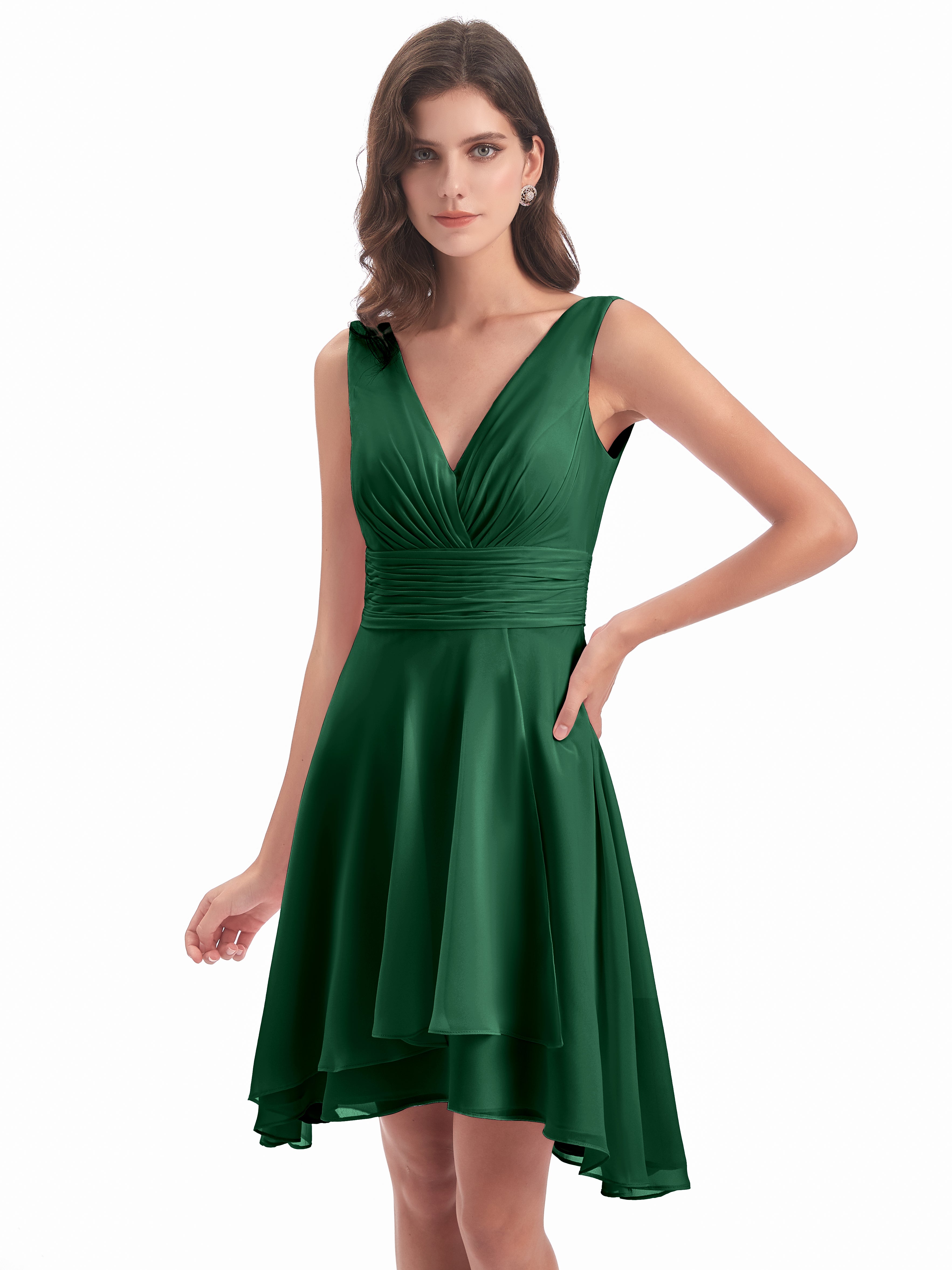 Demoiselle D'Honneur Vert Foncé Haute Basse Col V Robes Demoiselle D'Honneur