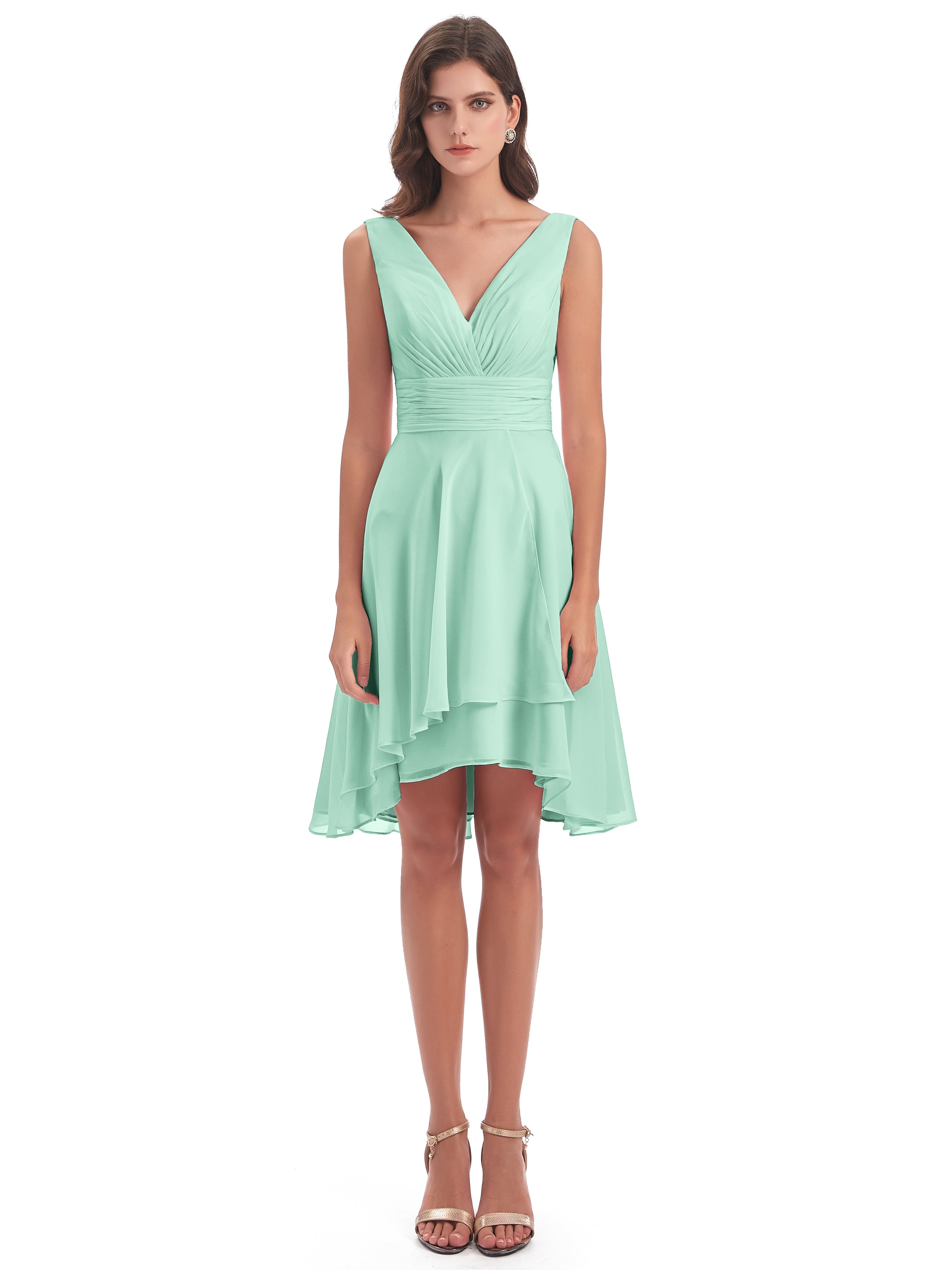 Robe Vert Menthe Demoiselle D Honneur Haute Basse Col V Robes Demoiselle D'Honneur