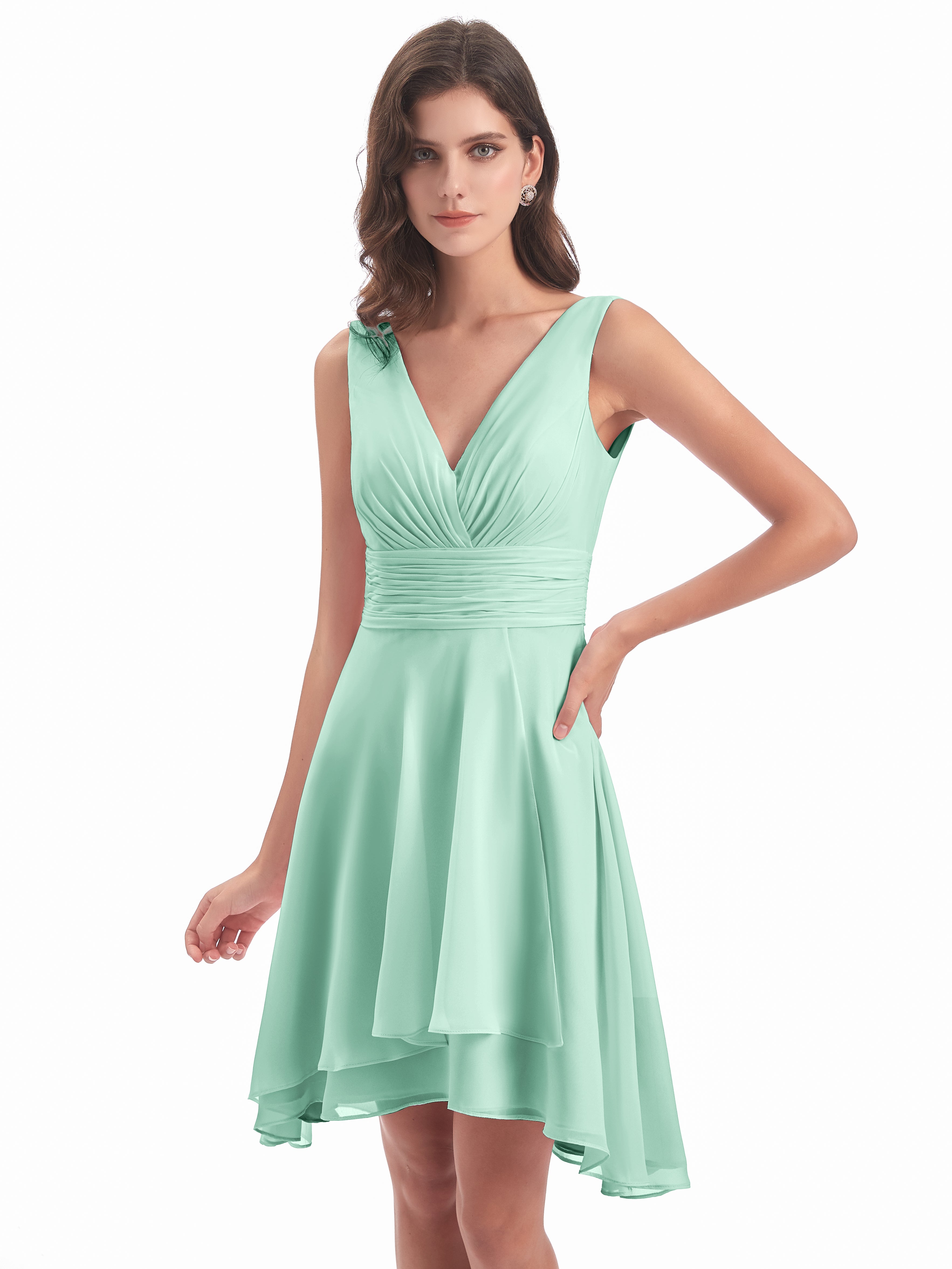 Robe Vert Menthe Demoiselle D Honneur Haute Basse Col V Robes Demoiselle D'Honneur