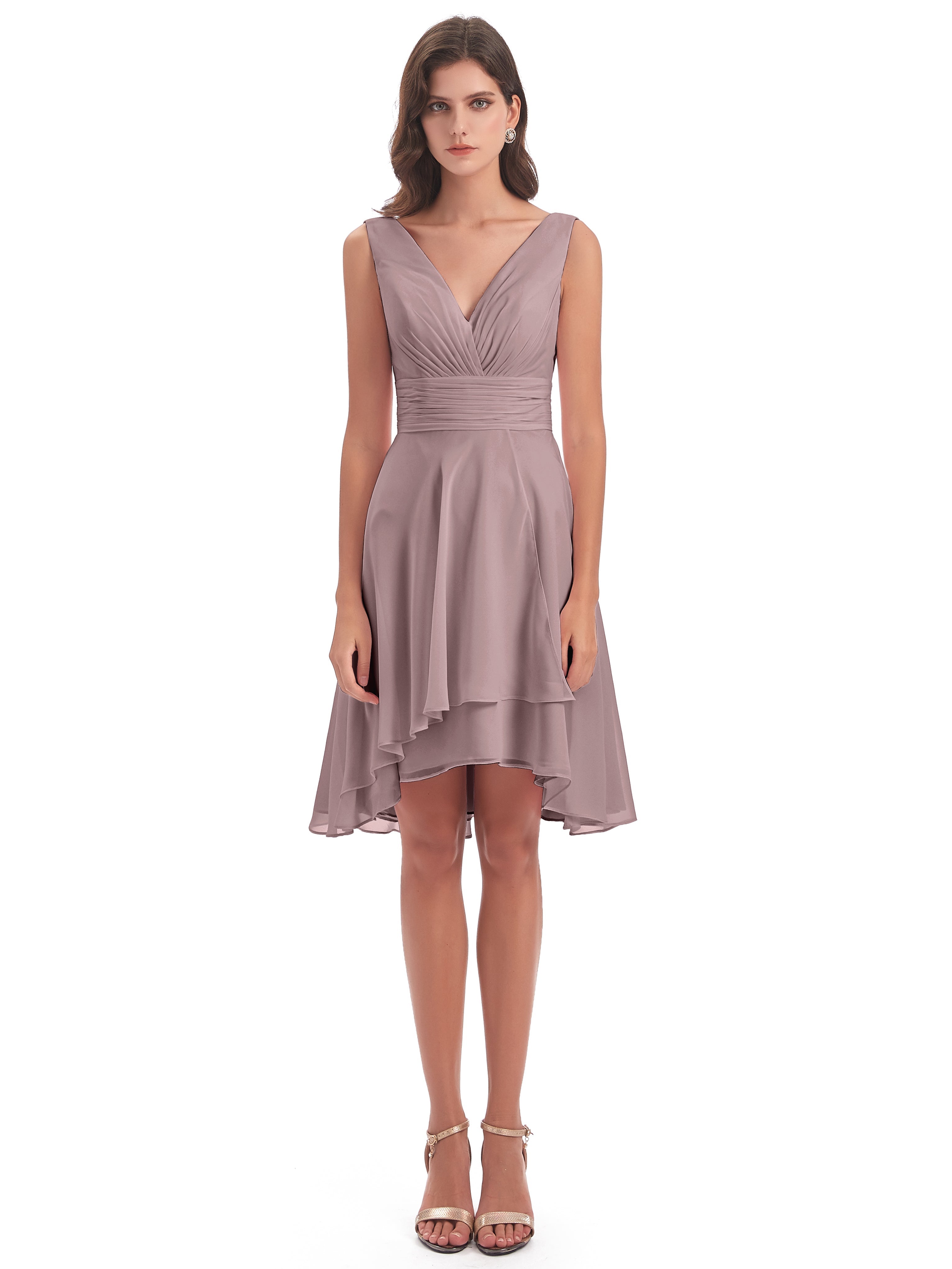 Robes De Demoiselle D'Honneur Vintage Mauve Haute Basse Col V Robes Demoiselle D'Honneur