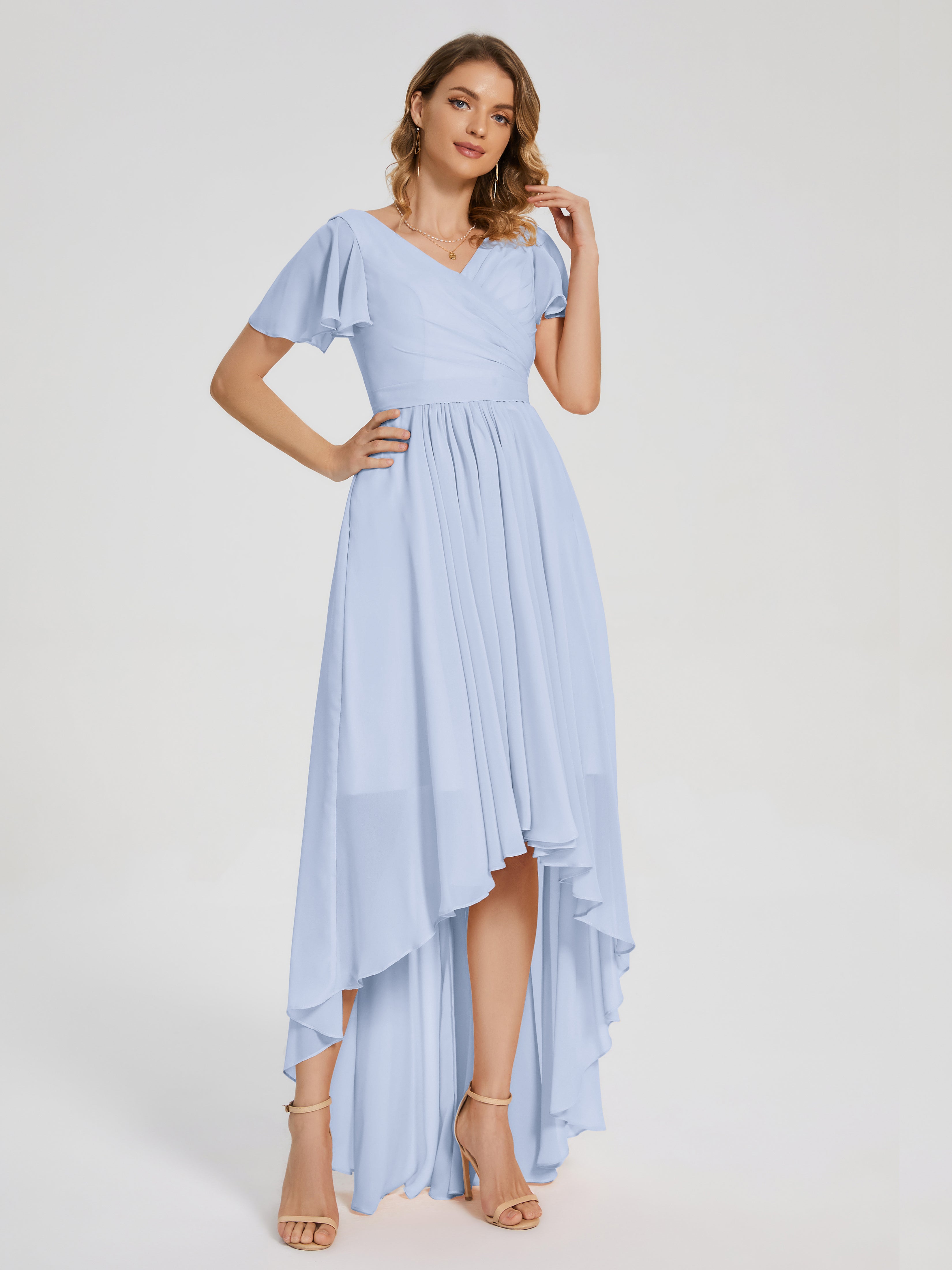 Robes De Demoiselle D'Honneur Bleu Ciel Asymétrique Manches Courtes Mousseline Robes Demoiselle D'Honneur