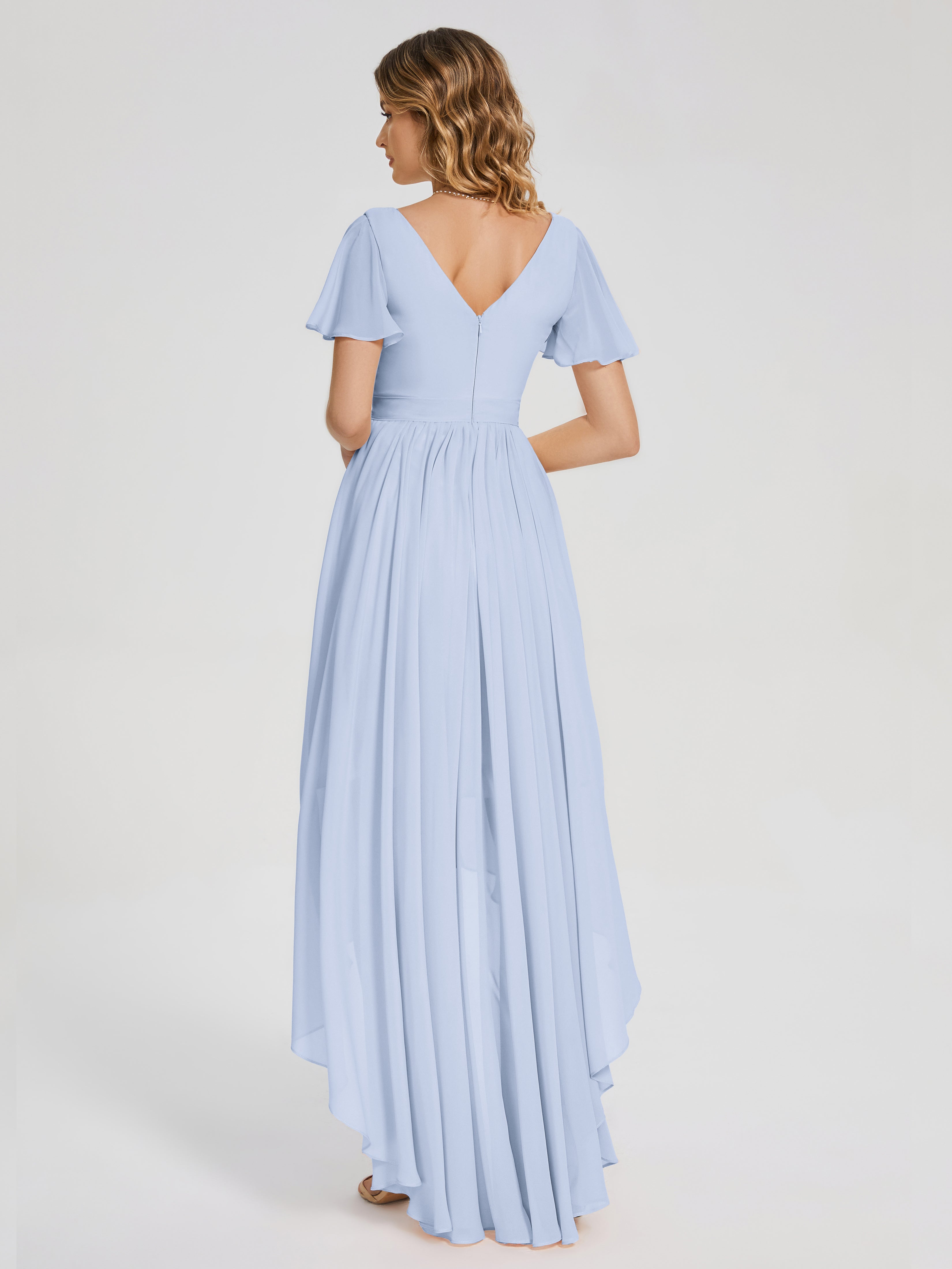 Robes De Demoiselle D'Honneur Bleu Ciel Asymétrique Manches Courtes Mousseline Robes Demoiselle D'Honneur