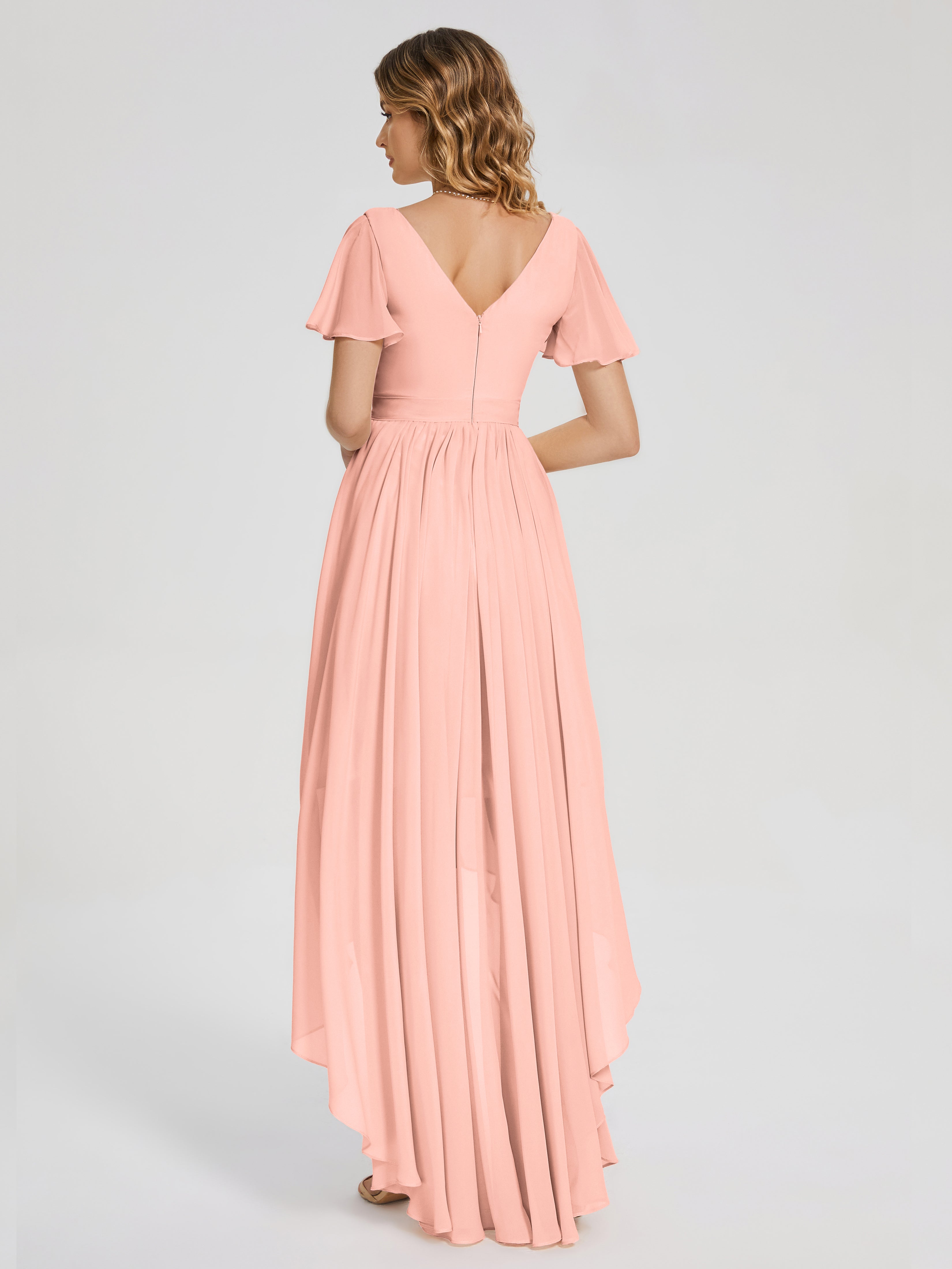 Robe Demoiselle Honneur Corail Asymétrique Manches Courtes Mousseline Robes Demoiselle D'Honneur