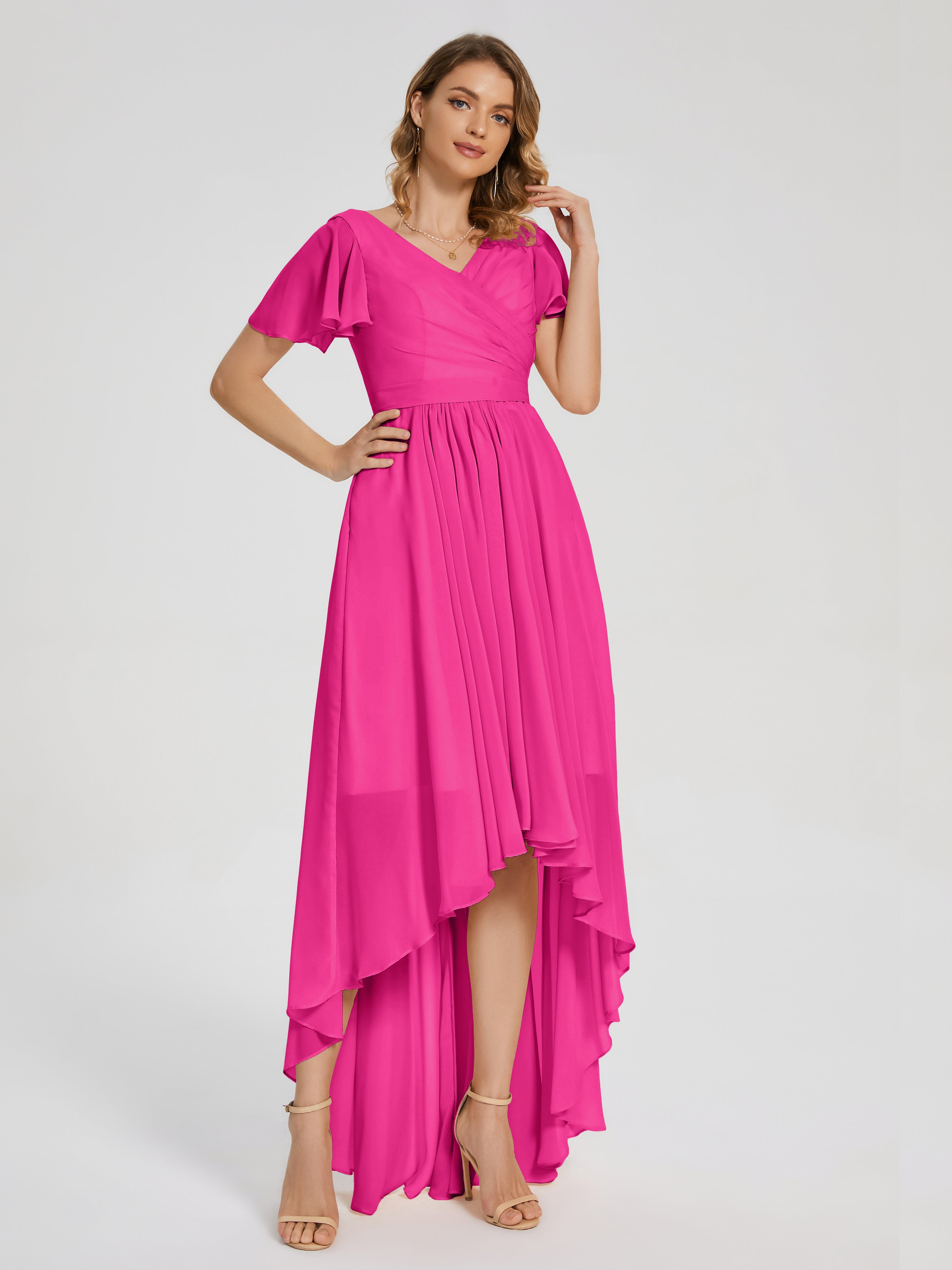 Robes De Demoiselle D'Honneur Rose Fuchsia Asymétrique Manches Courtes Mousseline Robes Demoiselle D'Honneur