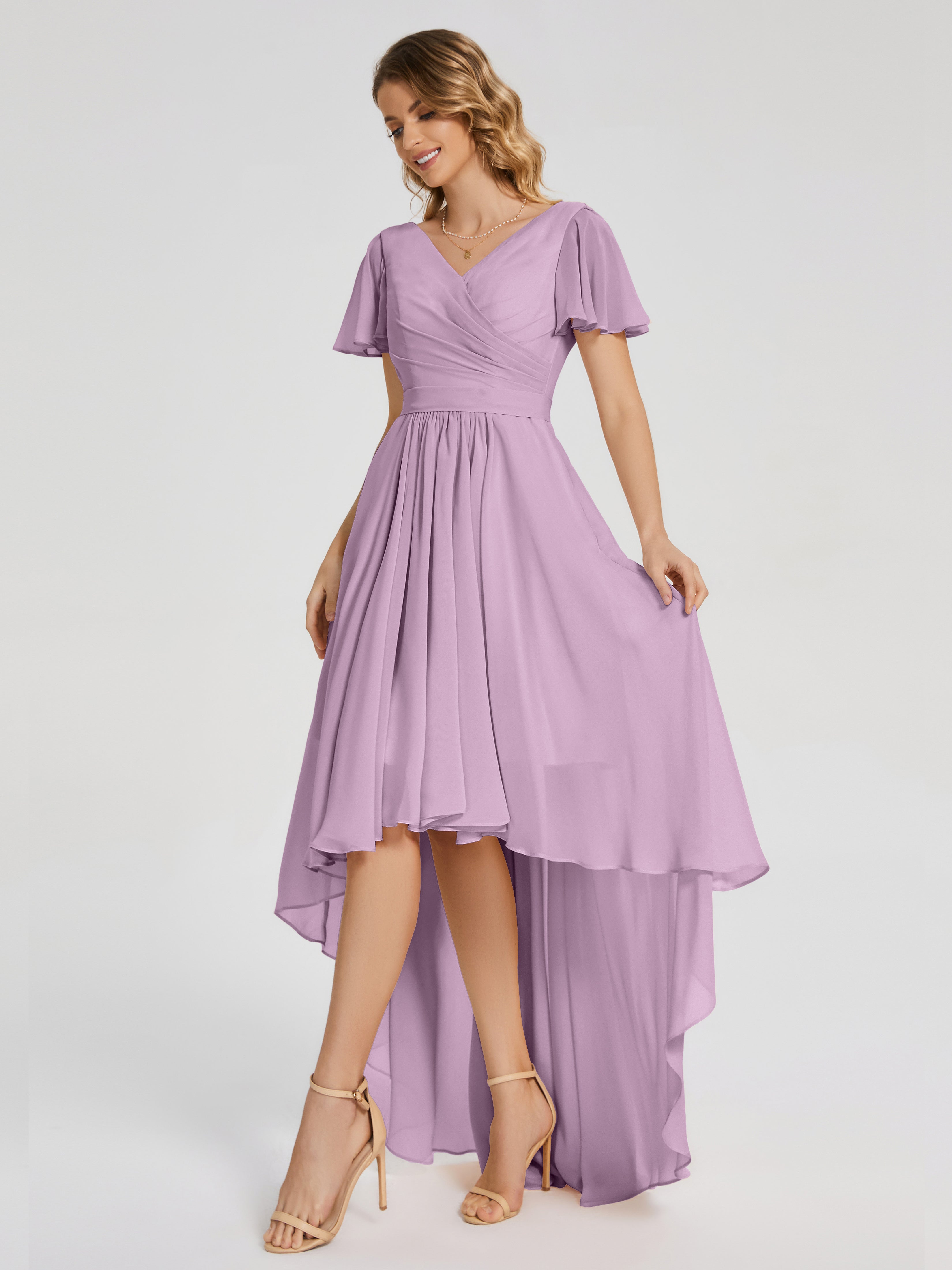 Robes De Demoiselle D'Honneur Glycine Asymétrique Manches Courtes Mousseline Robes Demoiselle D'Honneur