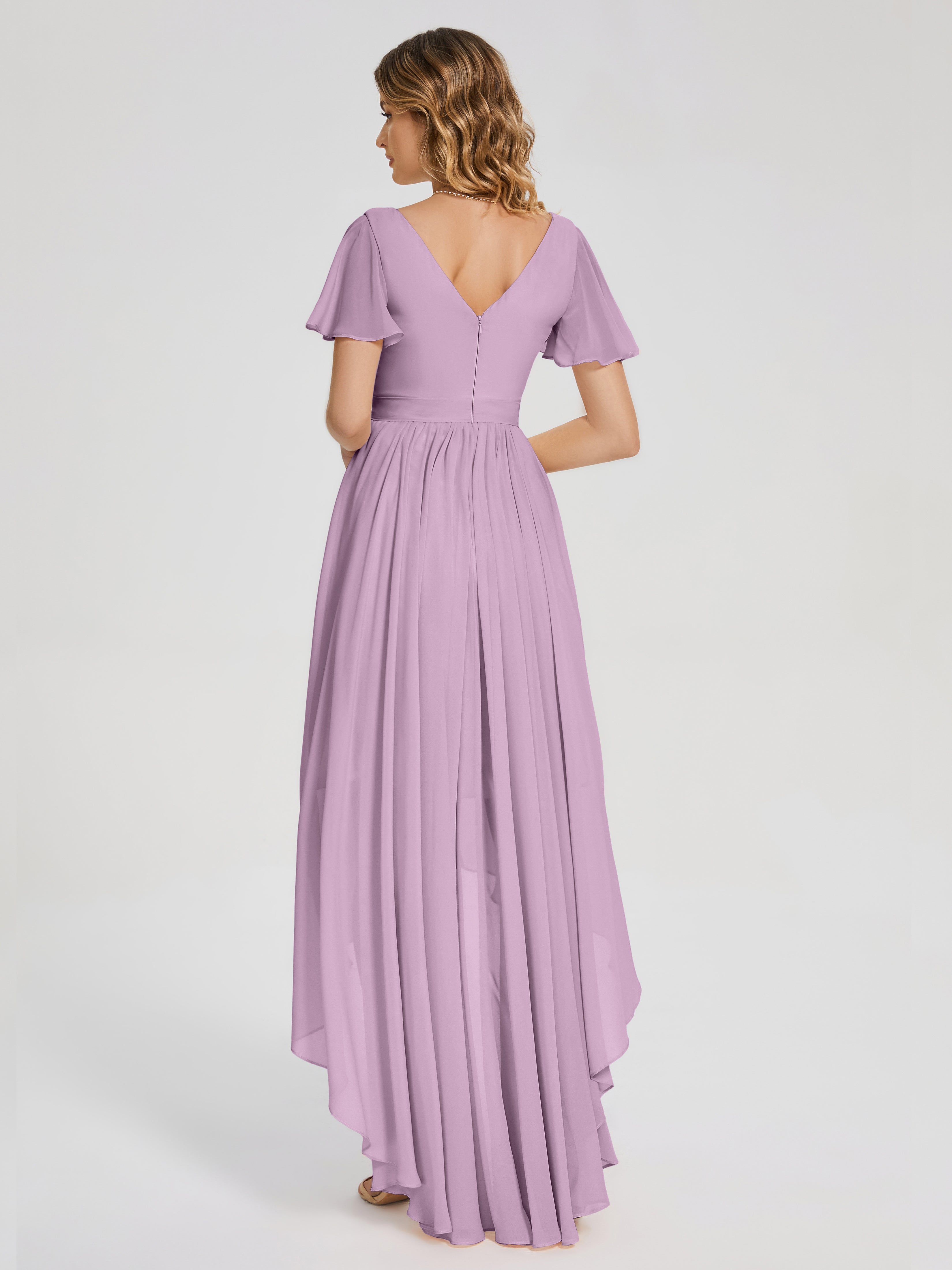 Robes De Demoiselle D'Honneur Glycine Asymétrique Manches Courtes Mousseline Robes Demoiselle D'Honneur