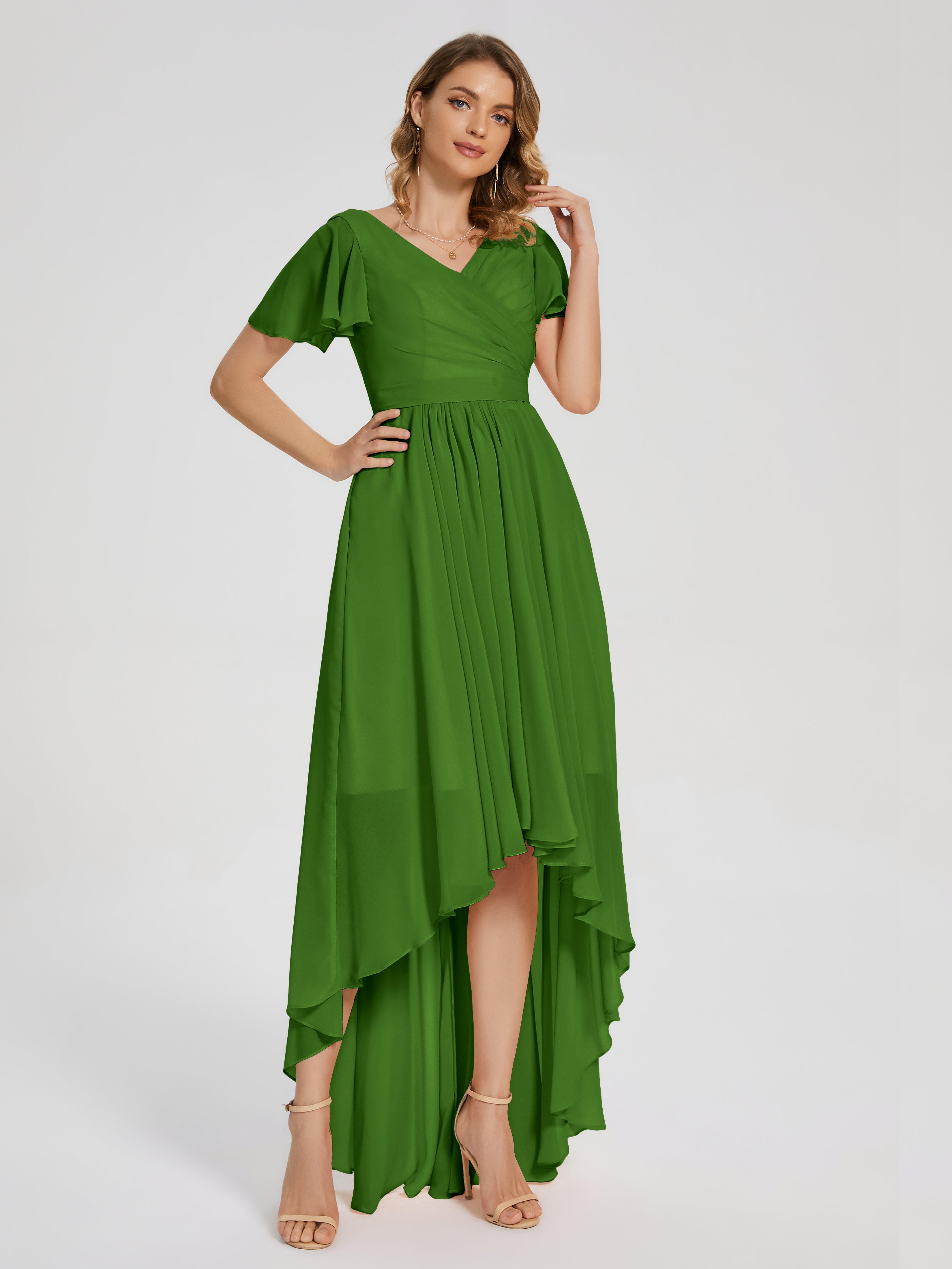 Robes De Demoiselle D'Honneur Vert Mousse Asymétrique Manches Courtes Mousseline Robes Demoiselle D'Honneur