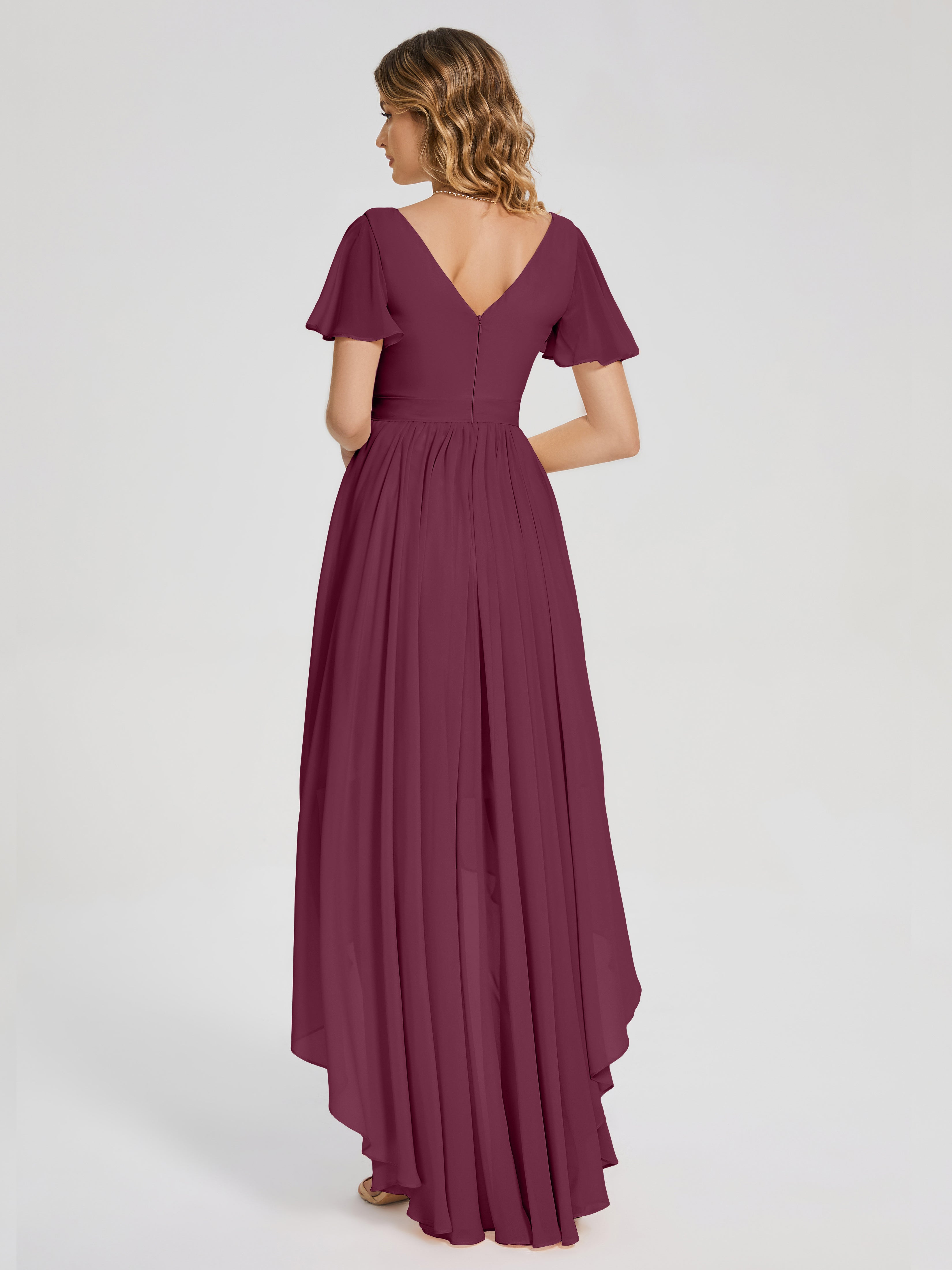 Robes De Demoiselle D'Honneur Mûre Asymétrique Manches Courtes Mousseline Robes Demoiselle D'Honneur