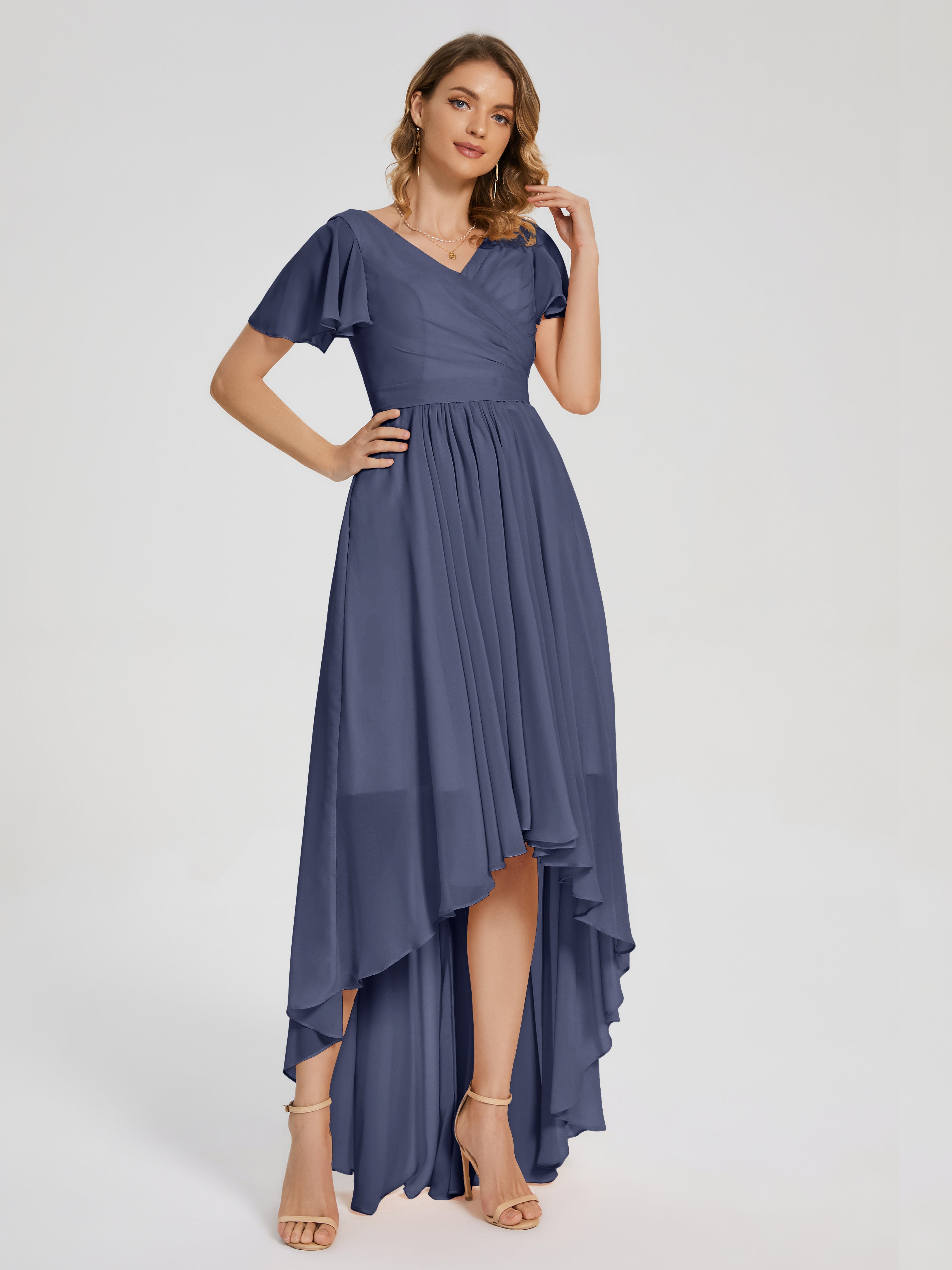 Robes De Demoiselle D'Honneur Bleu Orageux Asymétrique Manches Courtes Mousseline Robes Demoiselle D'Honneur