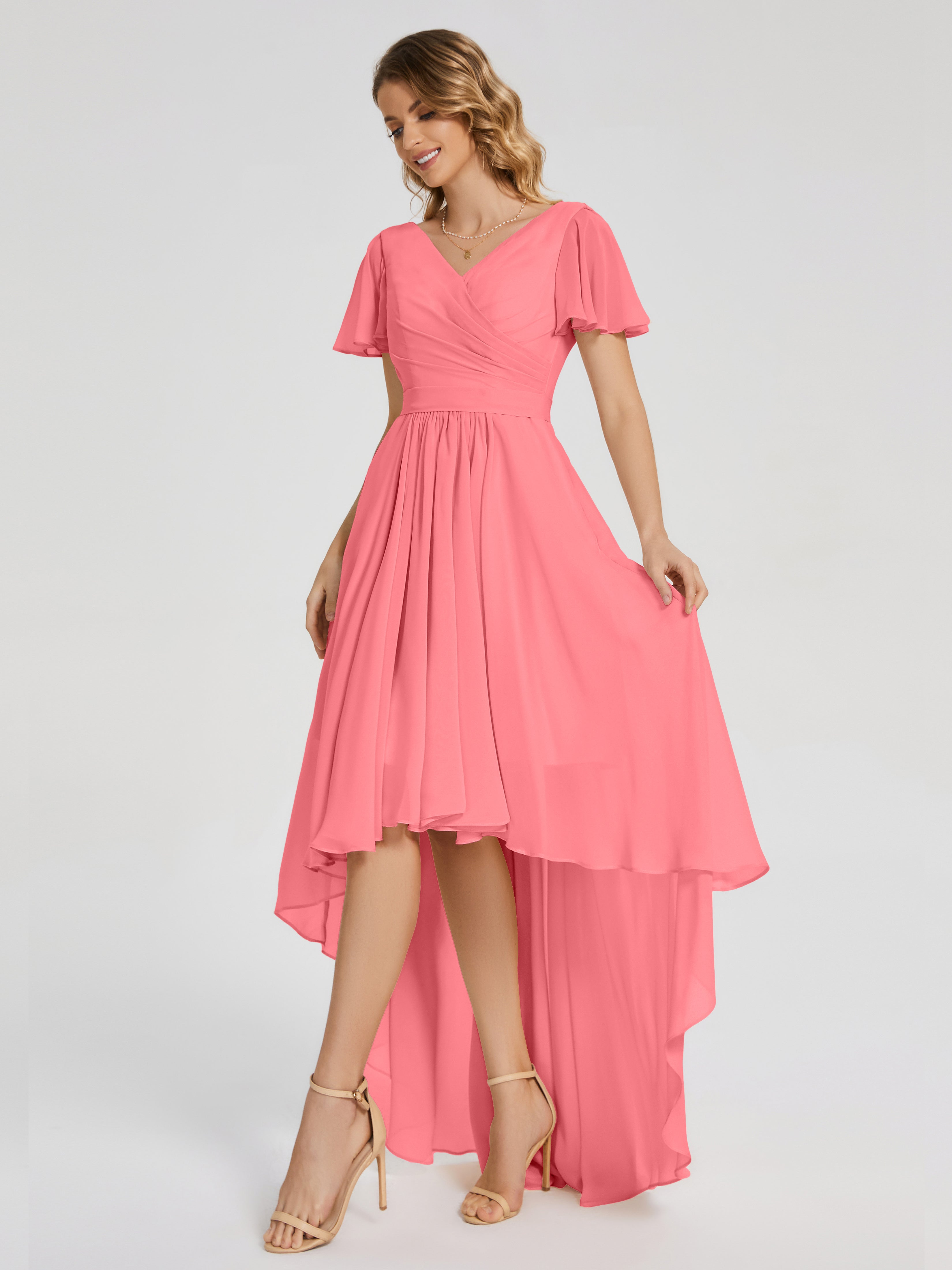 Robes De Demoiselle D'Honneur Pastèque Asymétrique Manches Courtes Mousseline Robes Demoiselle D'Honneur