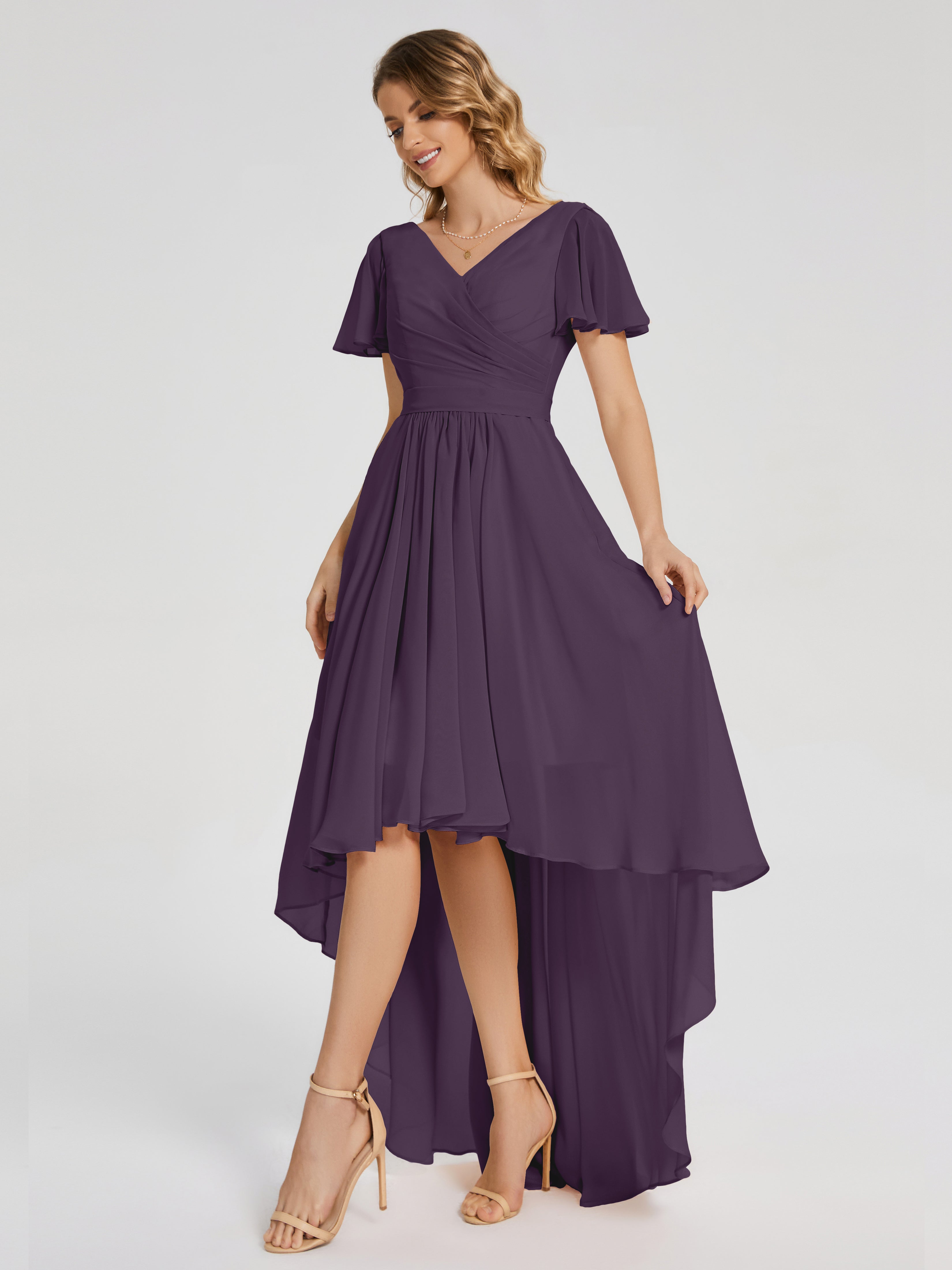 Robe De Demoiselle D'Honneur En Plum Asymétrique Manches Courtes Mousseline Robes Demoiselle D'Honneur