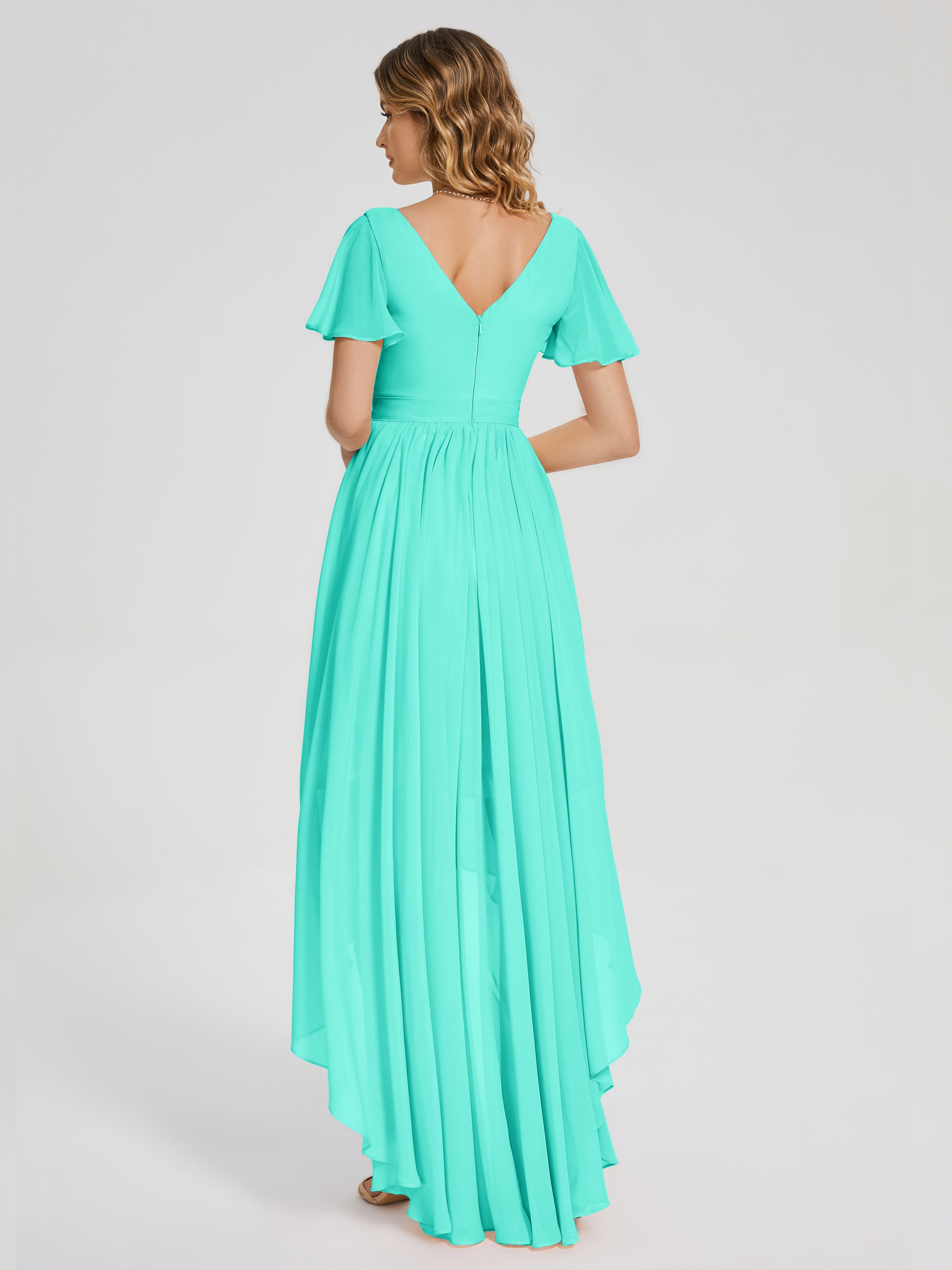 Robes De Demoiselle D'Honneur Spa Asymétrique Manches Courtes Mousseline Robes Demoiselle D'Honneur