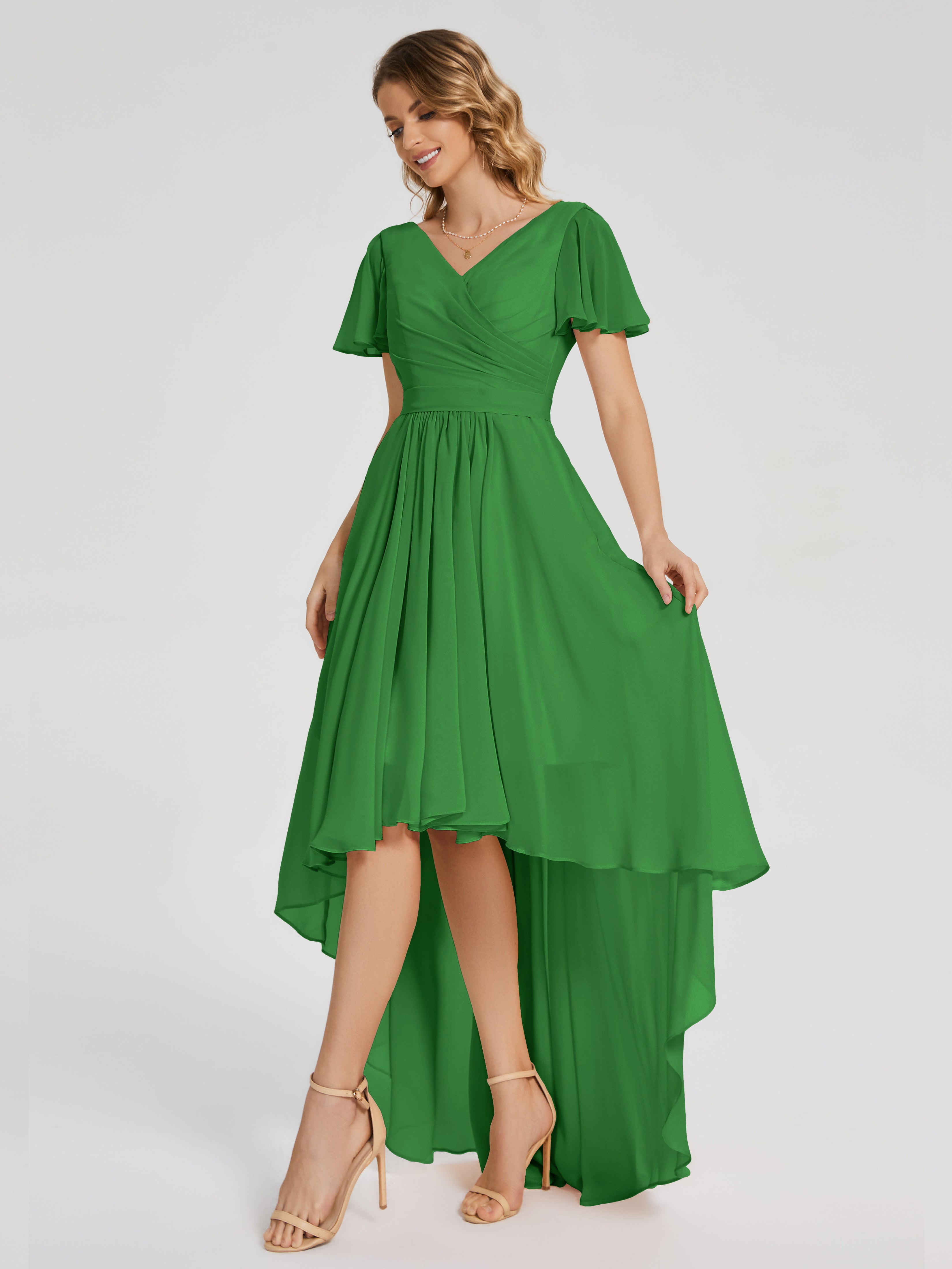 Robes De Demoiselle D'Honneur Vert Forêt Asymétrique Manches Courtes Mousseline Robes Demoiselle D'Honneur