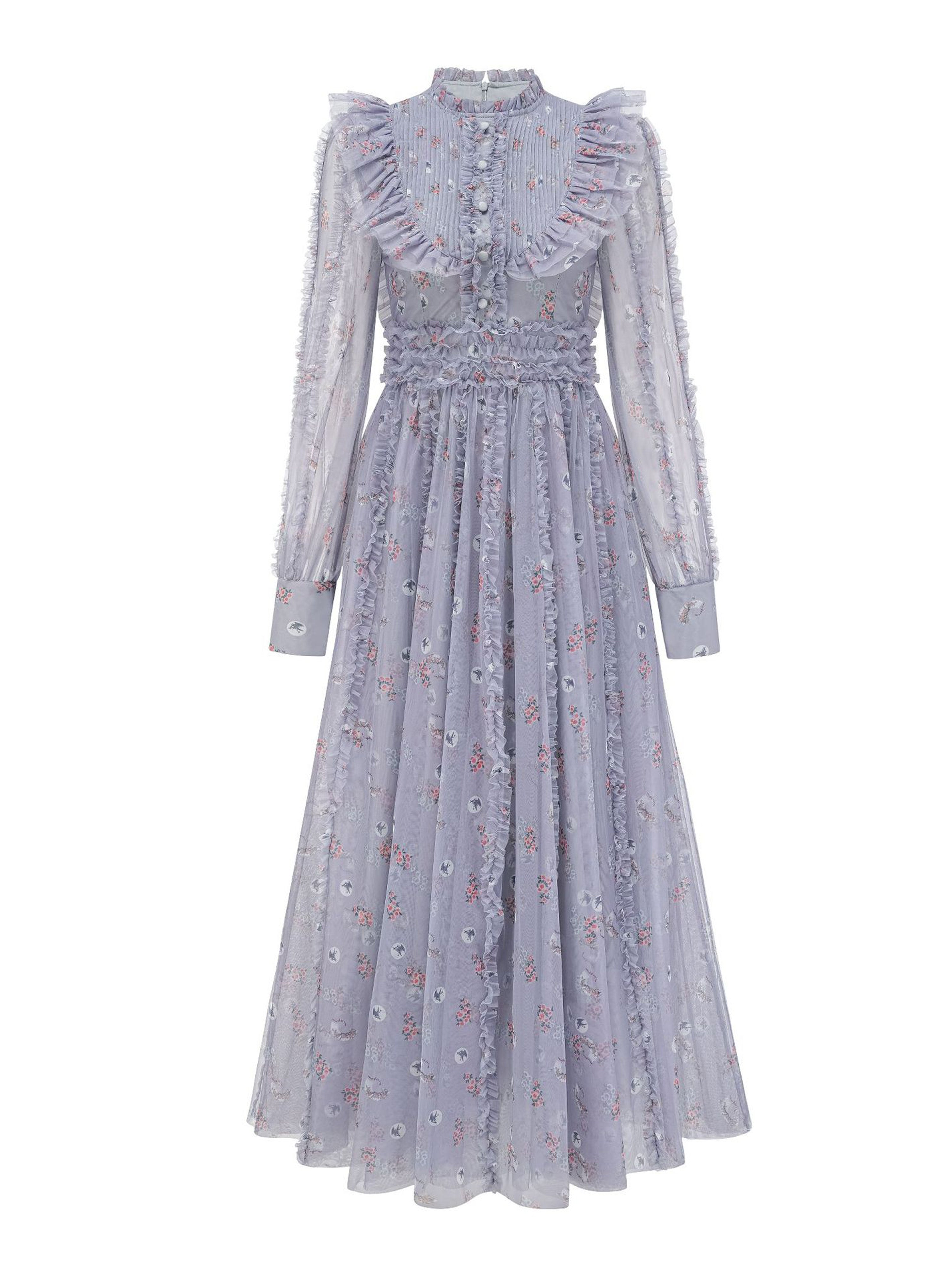 Robe Longue Trapèze Col Rond Manches Longues Robe de Soirée en Gris