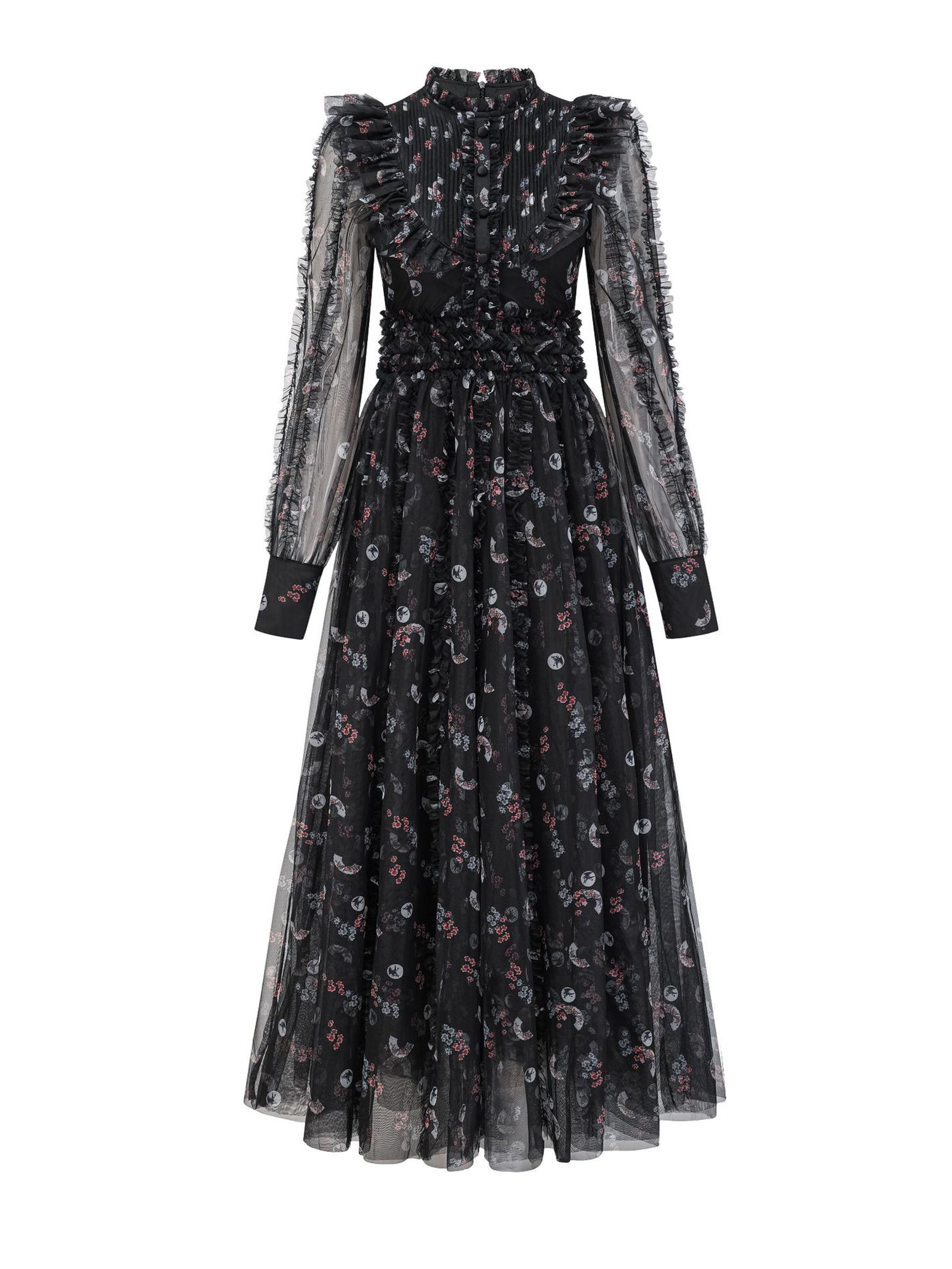 Robe Longue Trapèze Col Rond Manches Longues Robe de Soirée en Noir