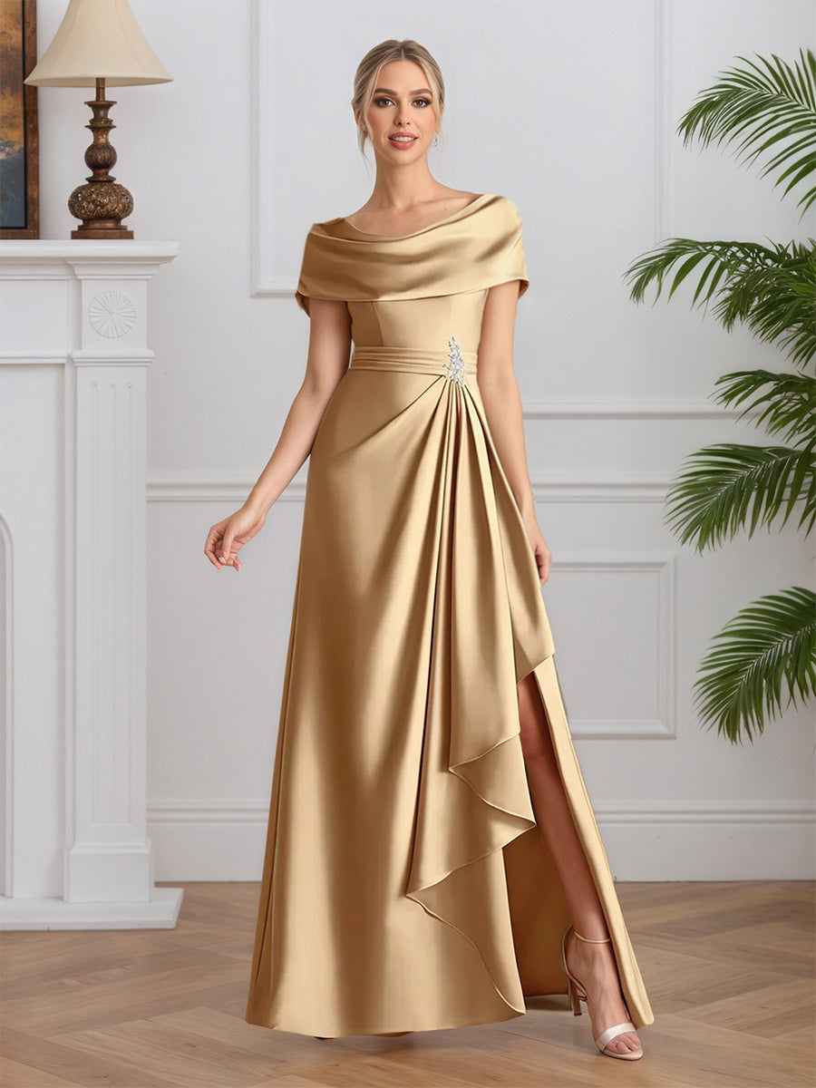 Cicinia Champagne Robe pour Mère de la Mariée Longue en Satin Doux A-Line Fente Longueur Sol