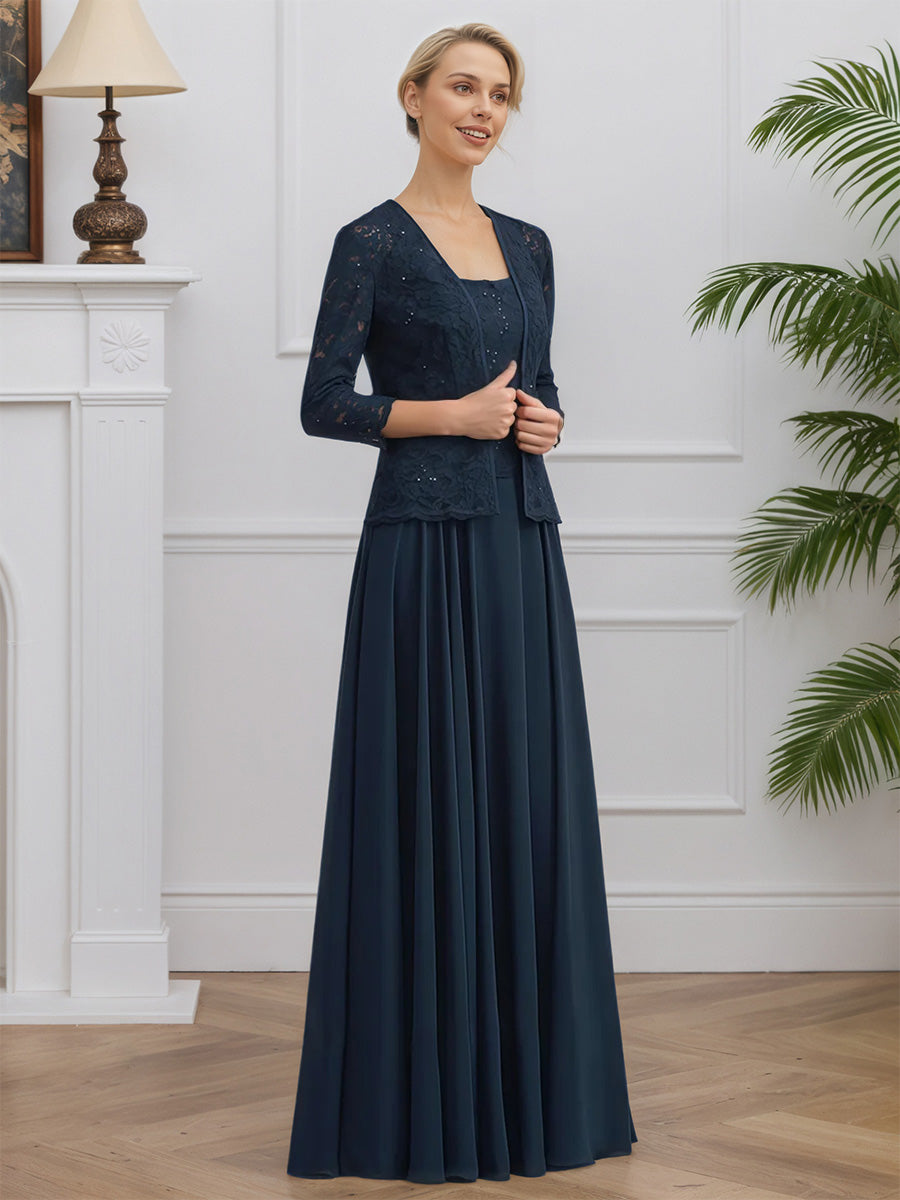 Cicinia Bleu Marine Robe avec Veste pour Mère de la Mariée Longue en Mousseline et Dentelle A-Line Longueur Sol