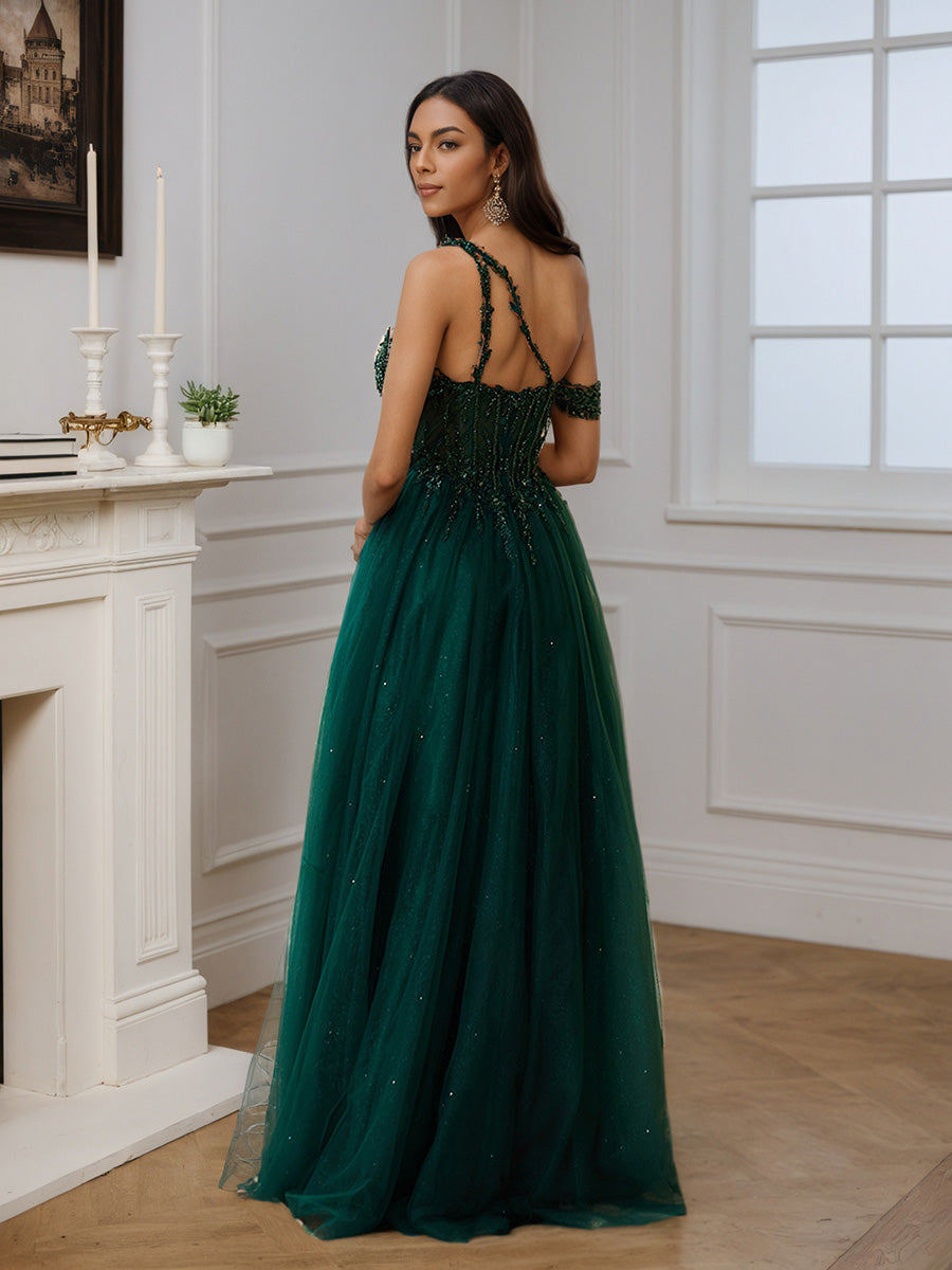 Cicinia Robe de Soirée de Gala VERT FONCE Longue en Tulle A-Line Seule-Épaule Perlé Élégante