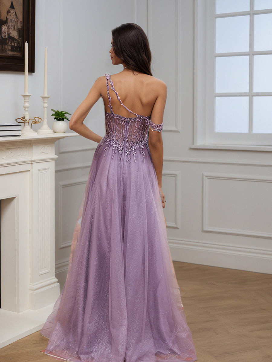 Cicinia Robe de Soirée de Gala Tahiti Longue en Tulle A-Line Seule-Épaule Perlé Élégante