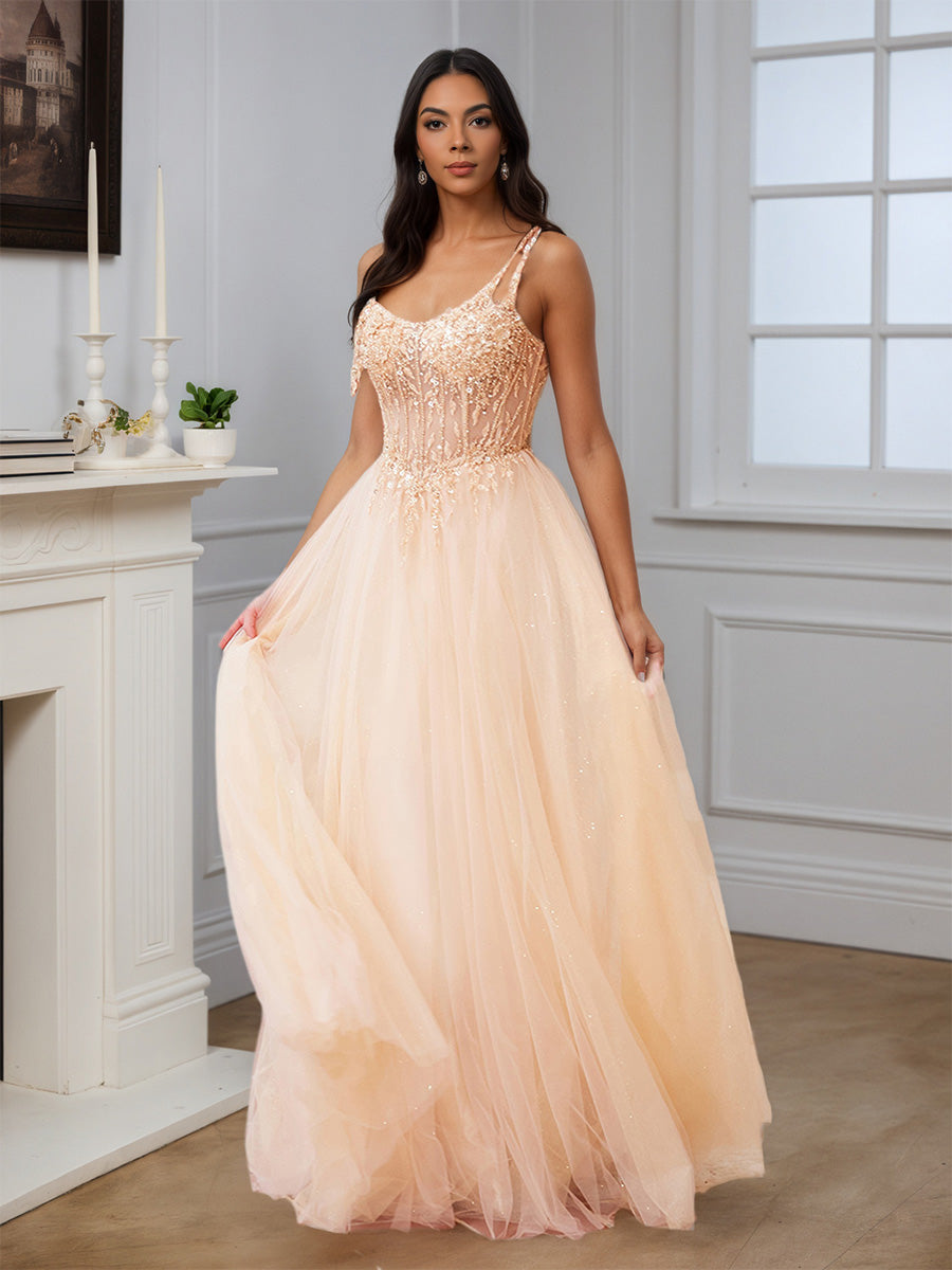 Cicinia Robe de Soirée de Gala PECHE Longue en Tulle A-Line Seule-Épaule Perlé Élégante