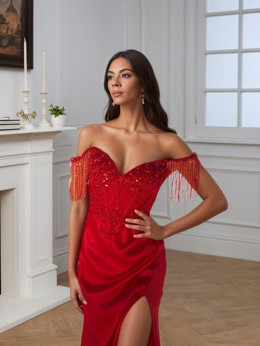Cicinia Robe de Soirée Rouge Longue Fourreau Épaules Dénudées Perlé Magnifique