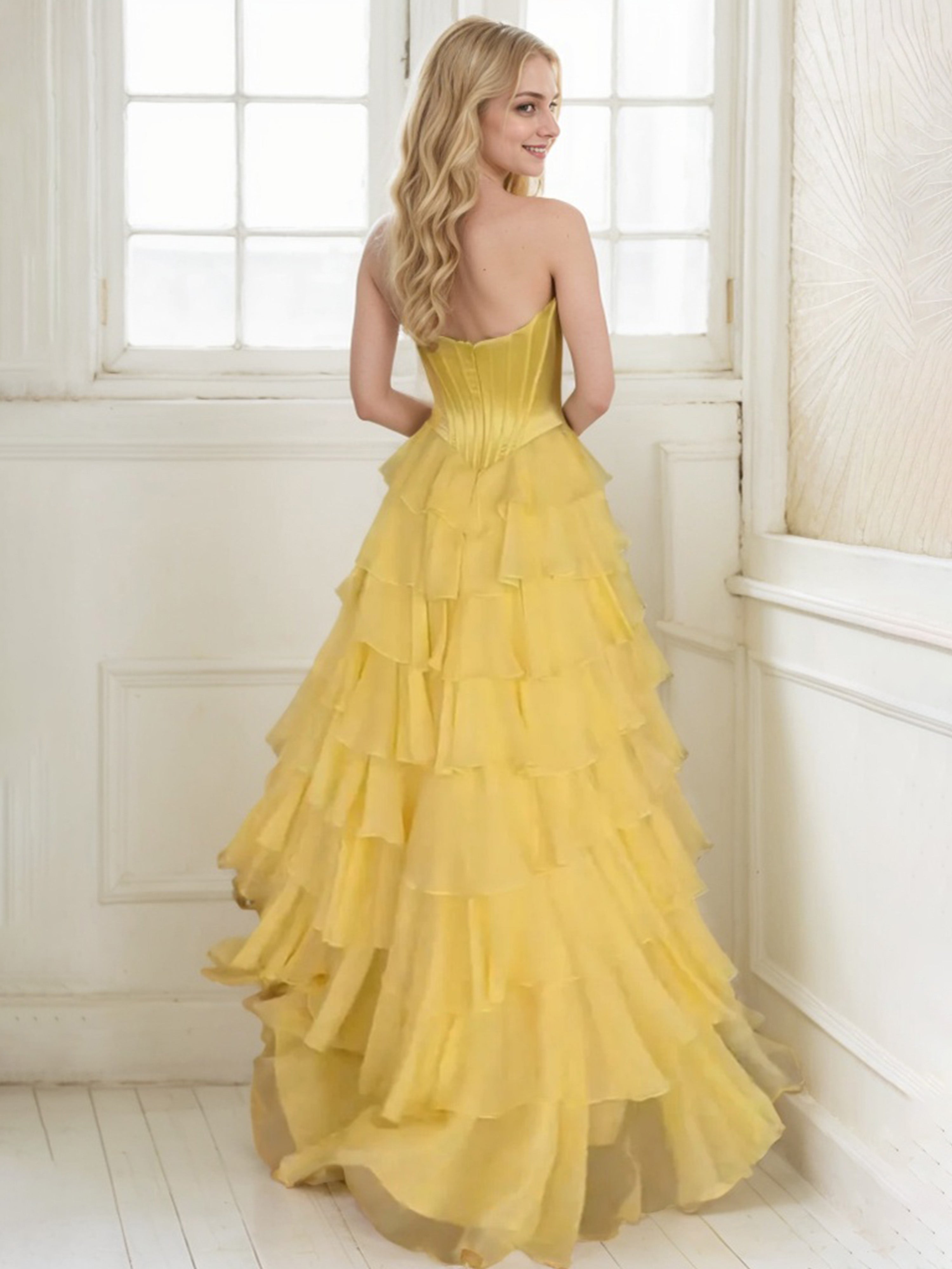 Robe de Soirée OR Mousseline et Dentelle Trapèze avec corsage à Appliques