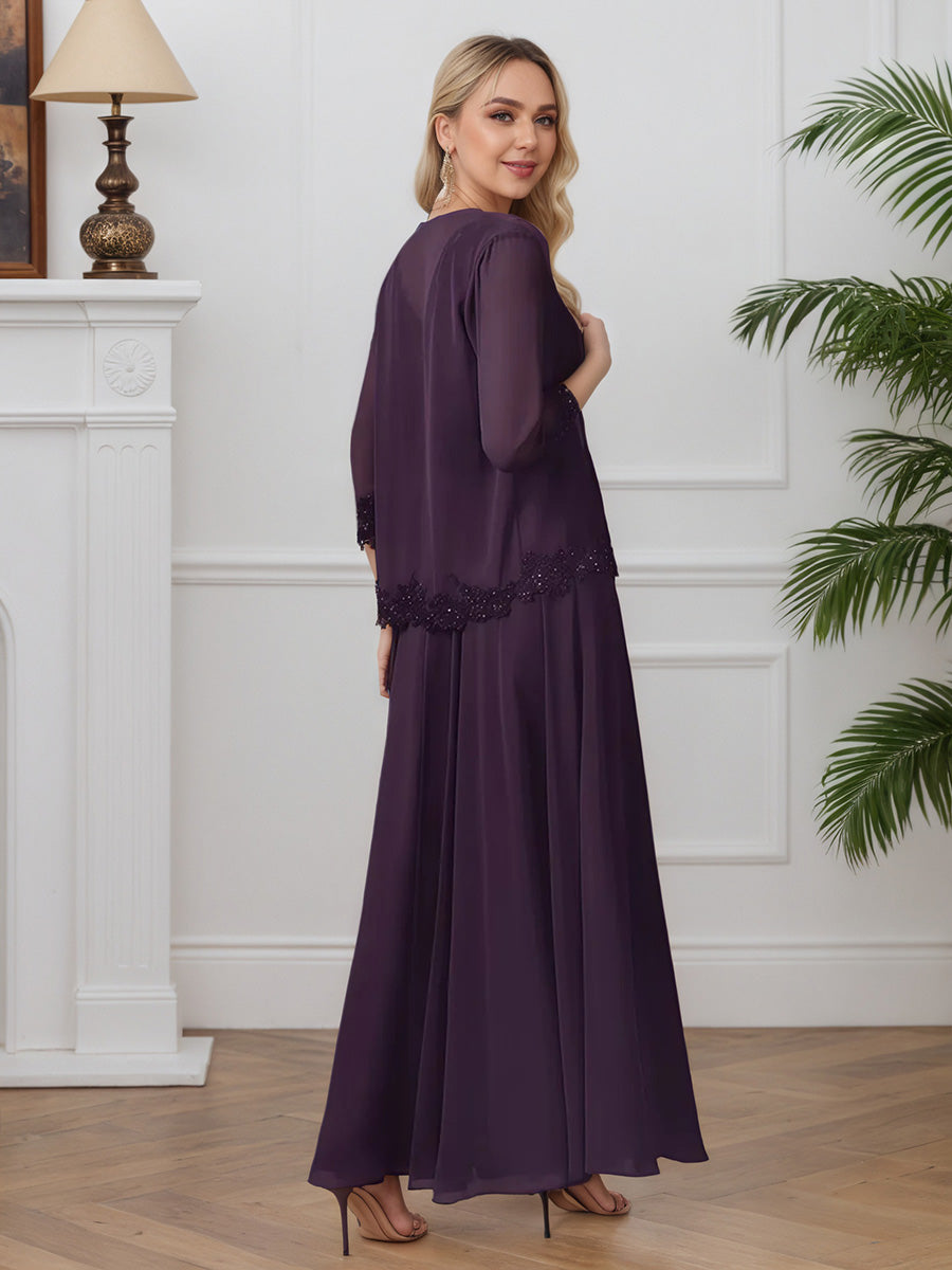 Cicinia Prune Robe avec Veste pour Mère de la Mariée Longue en Mousseline et Dentelle A-Line Décolleté en V 2 Pièces