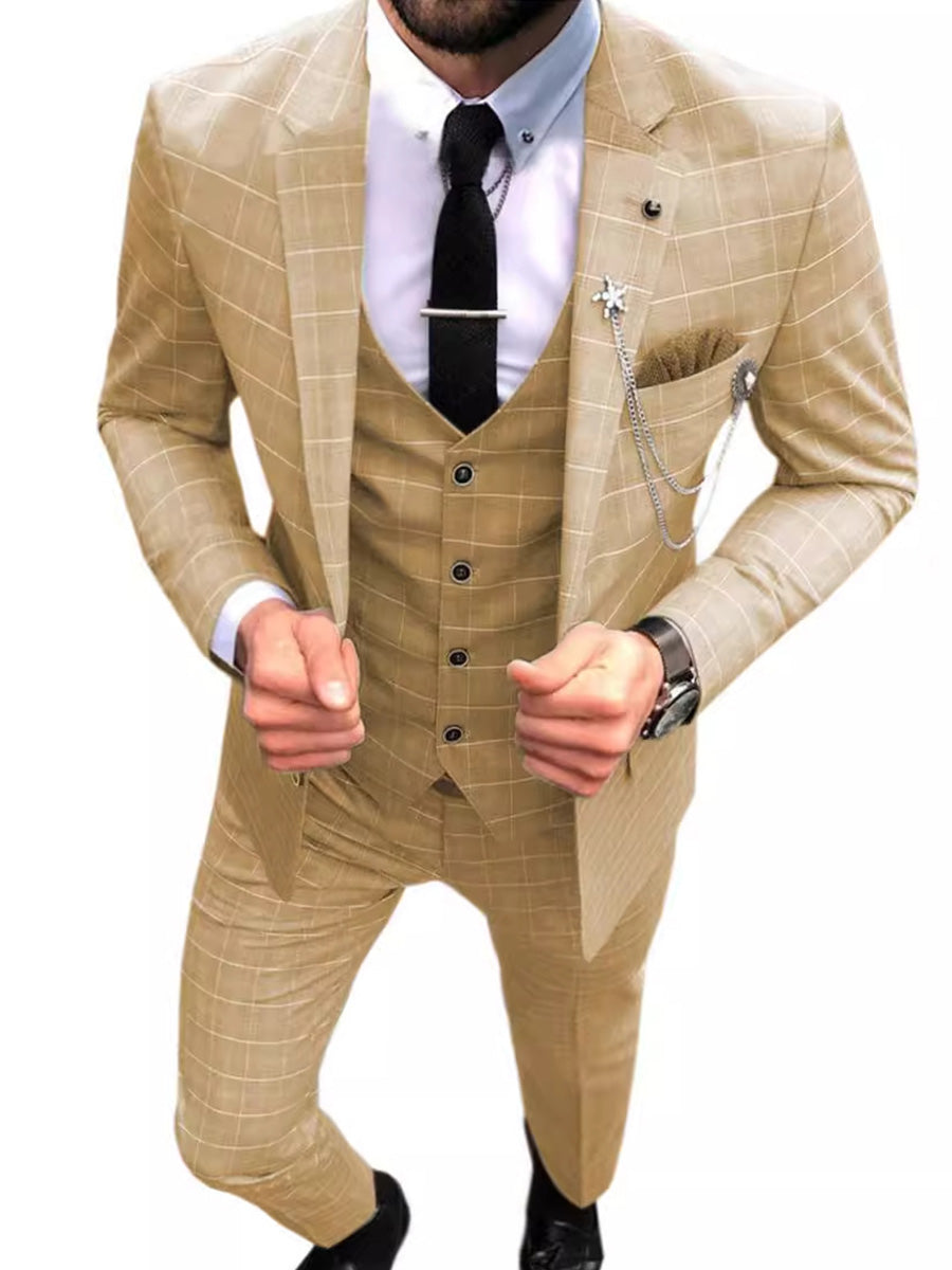 Costume Marié 3 Pièces en Champagne à Carreaux Style Britannique et Coupe Slim pour Cérémonie et Affaires