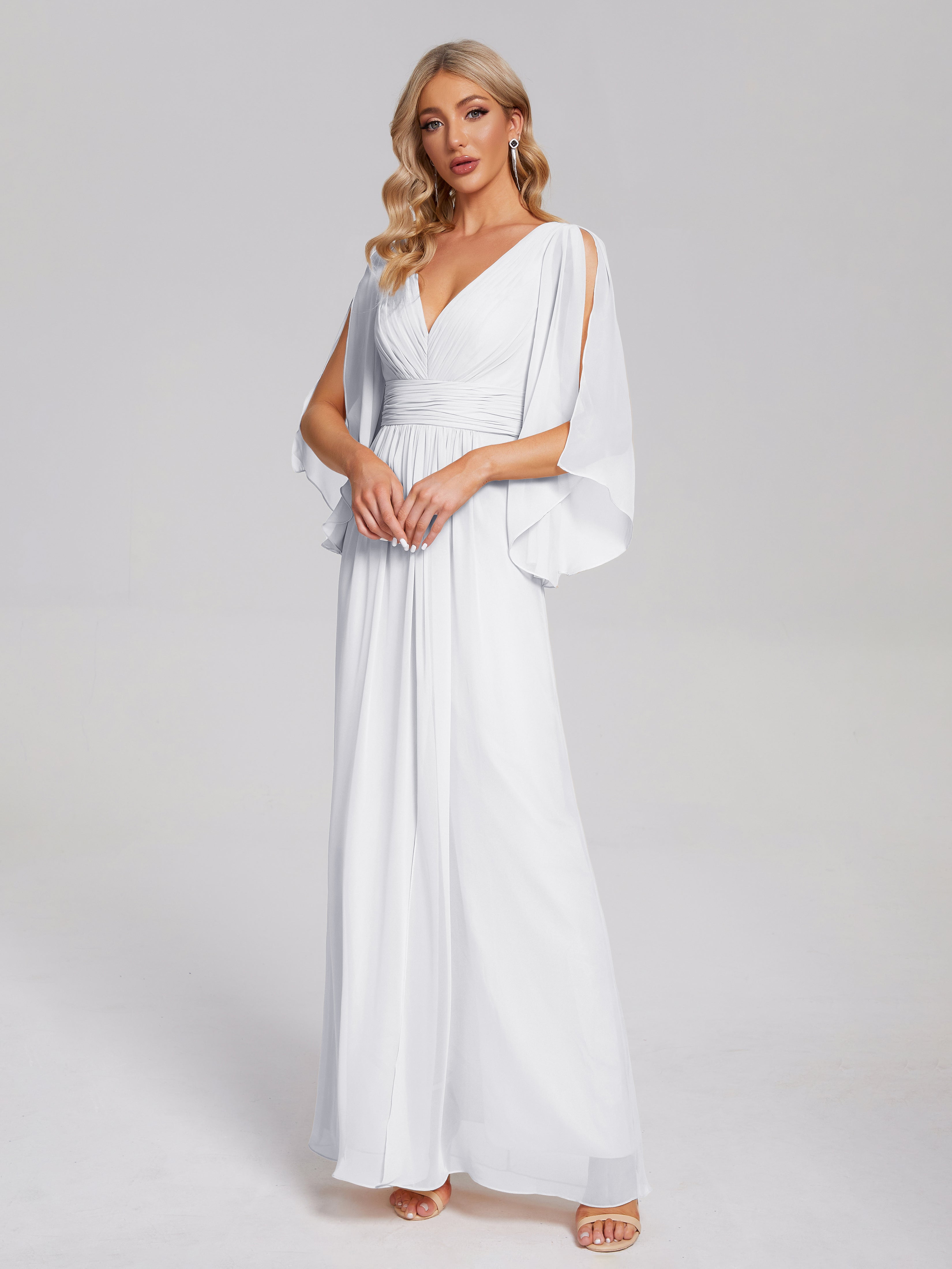 Toutes Les Robes De Demoiselle D'Honneur Blanches Demi Manches Col V Fendue Mousseline Robes Demoiselle D'Honneur