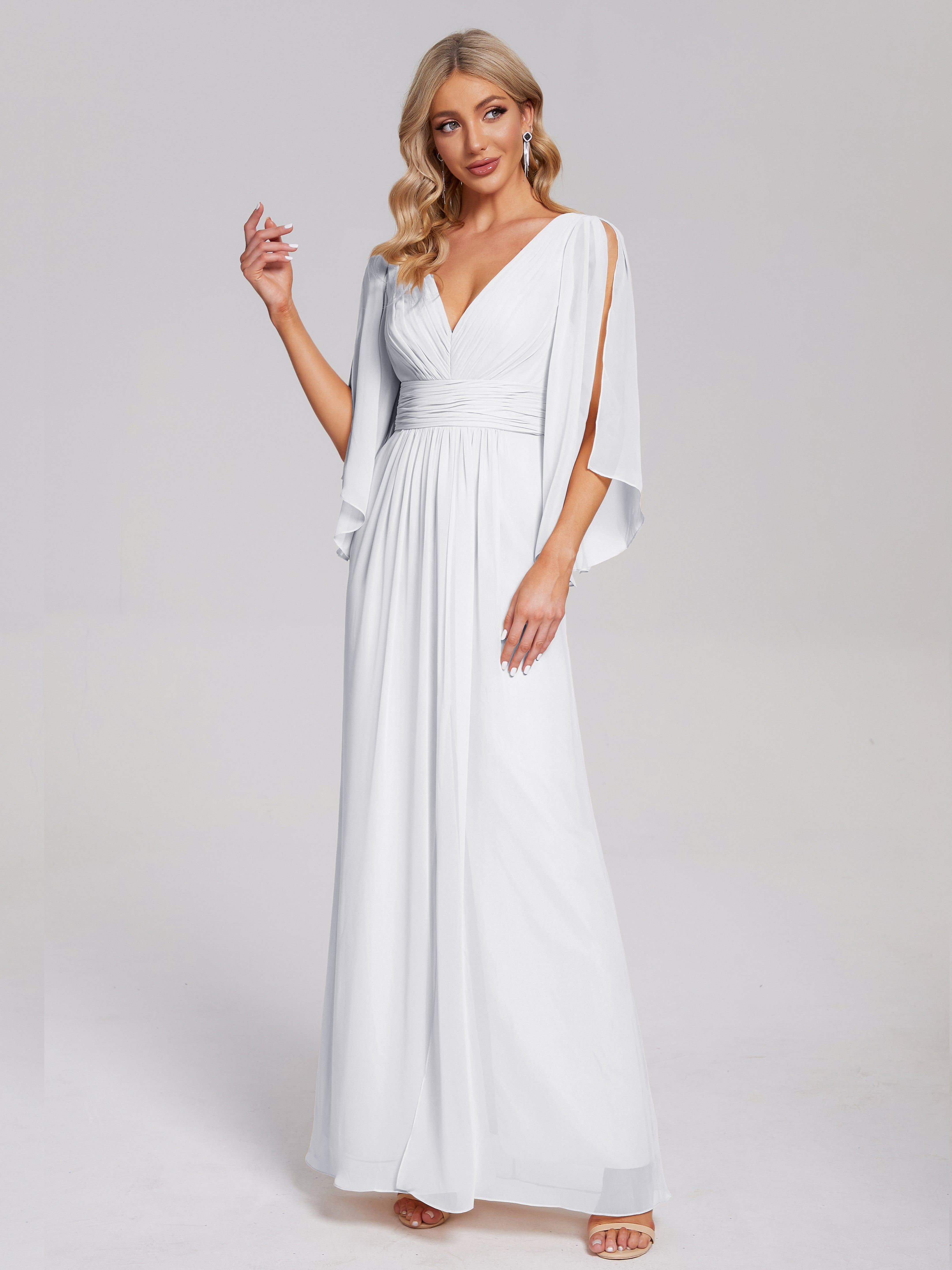 Toutes Les Robes De Demoiselle D'Honneur Blanches Demi Manches Col V Fendue Mousseline Robes Demoiselle D'Honneur