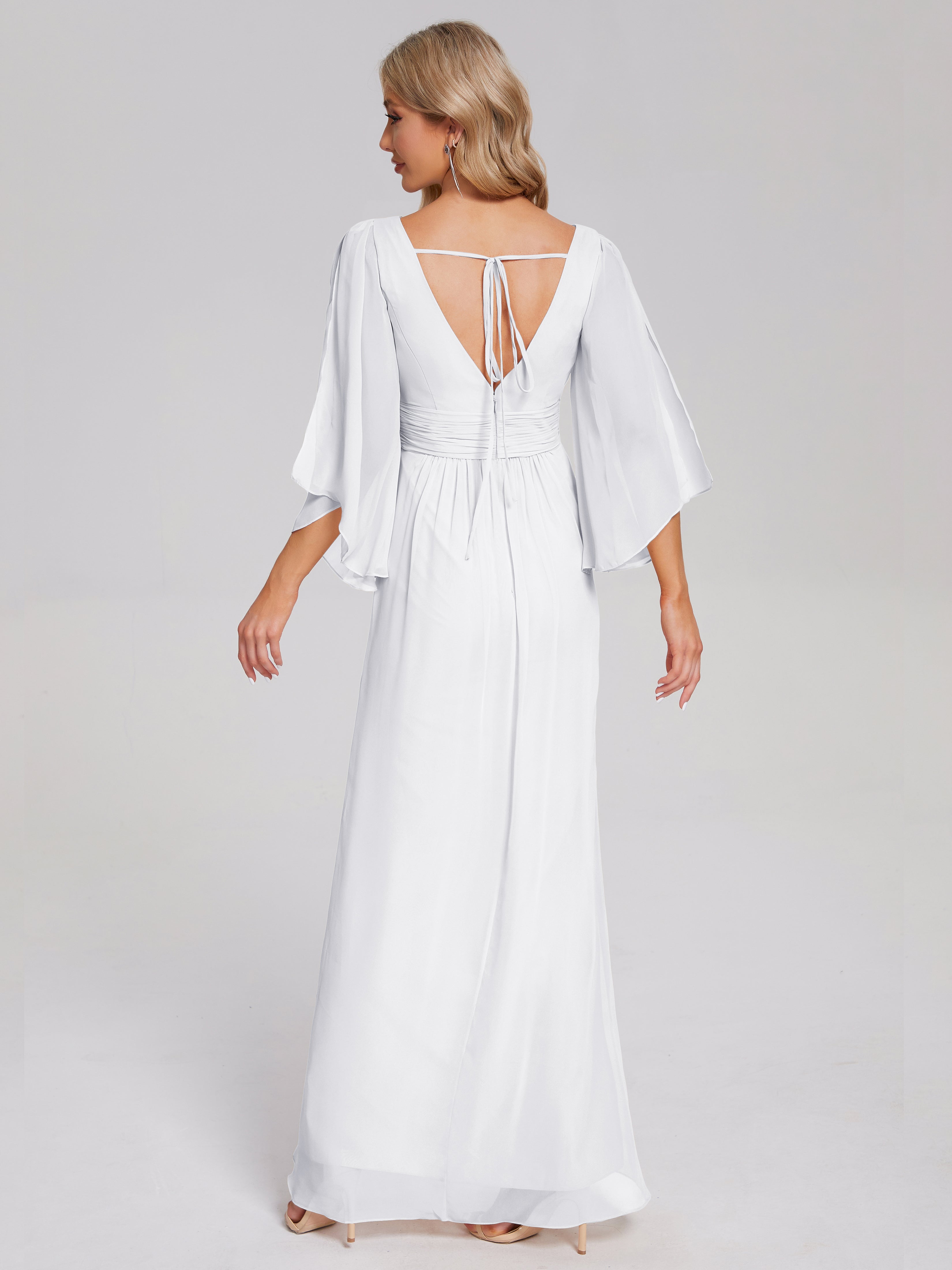 Toutes Les Robes De Demoiselle D'Honneur Blanches Demi Manches Col V Fendue Mousseline Robes Demoiselle D'Honneur