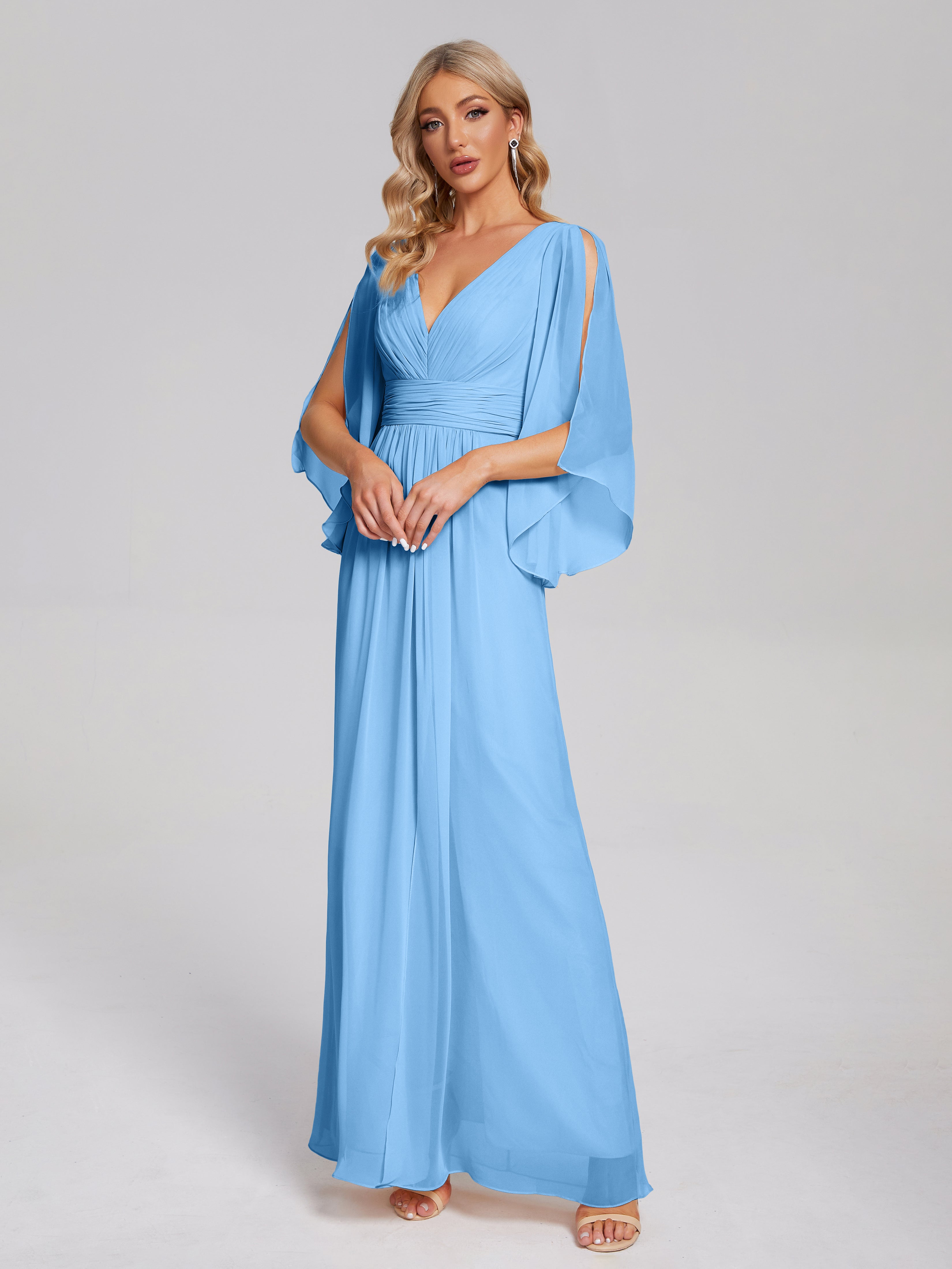 Robes De Demoiselle D'Honneur Bleues Demi Manches Col V Fendue Mousseline Robes Demoiselle D'Honneur