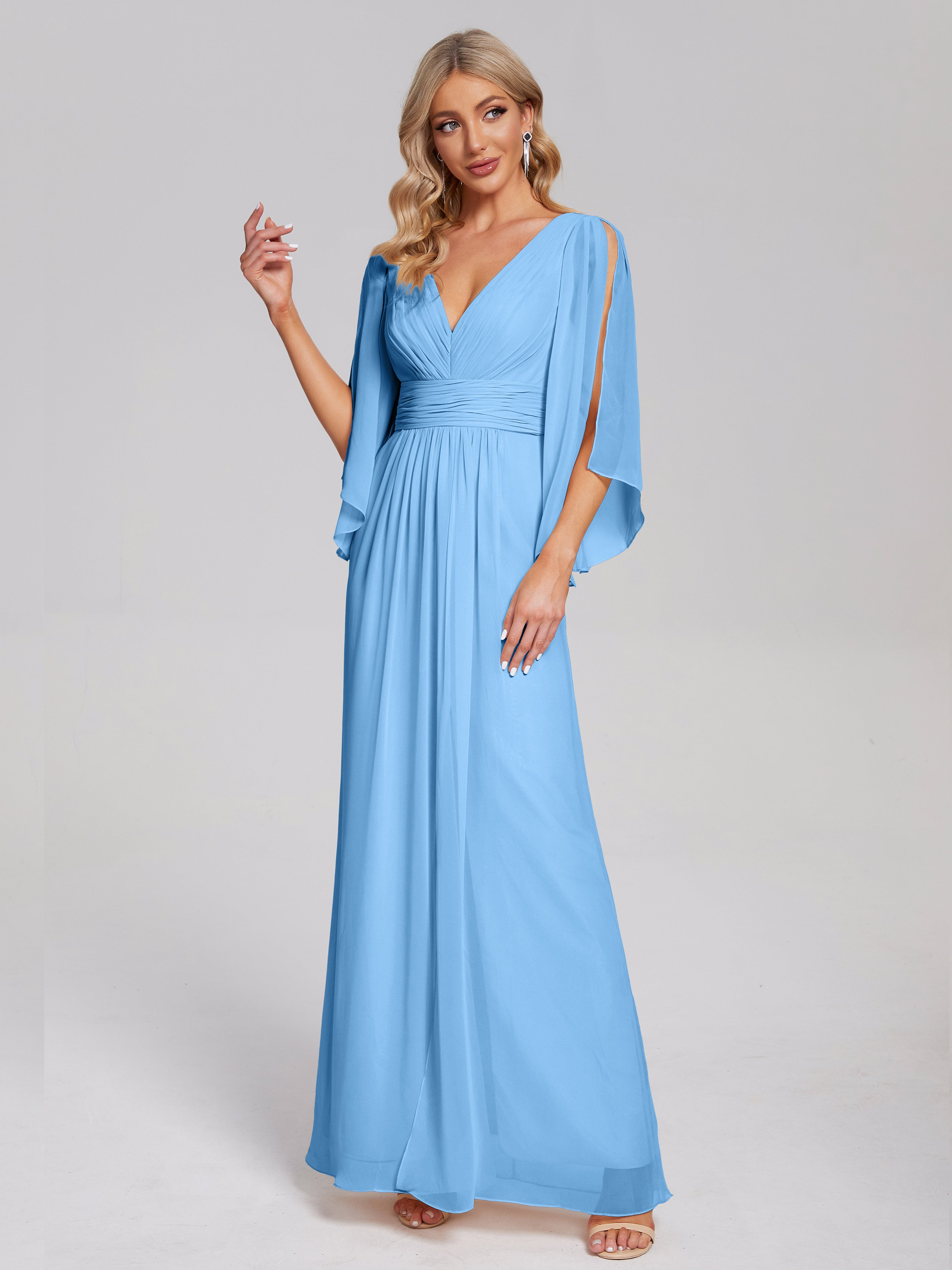 Robes De Demoiselle D'Honneur Bleues Demi Manches Col V Fendue Mousseline Robes Demoiselle D'Honneur