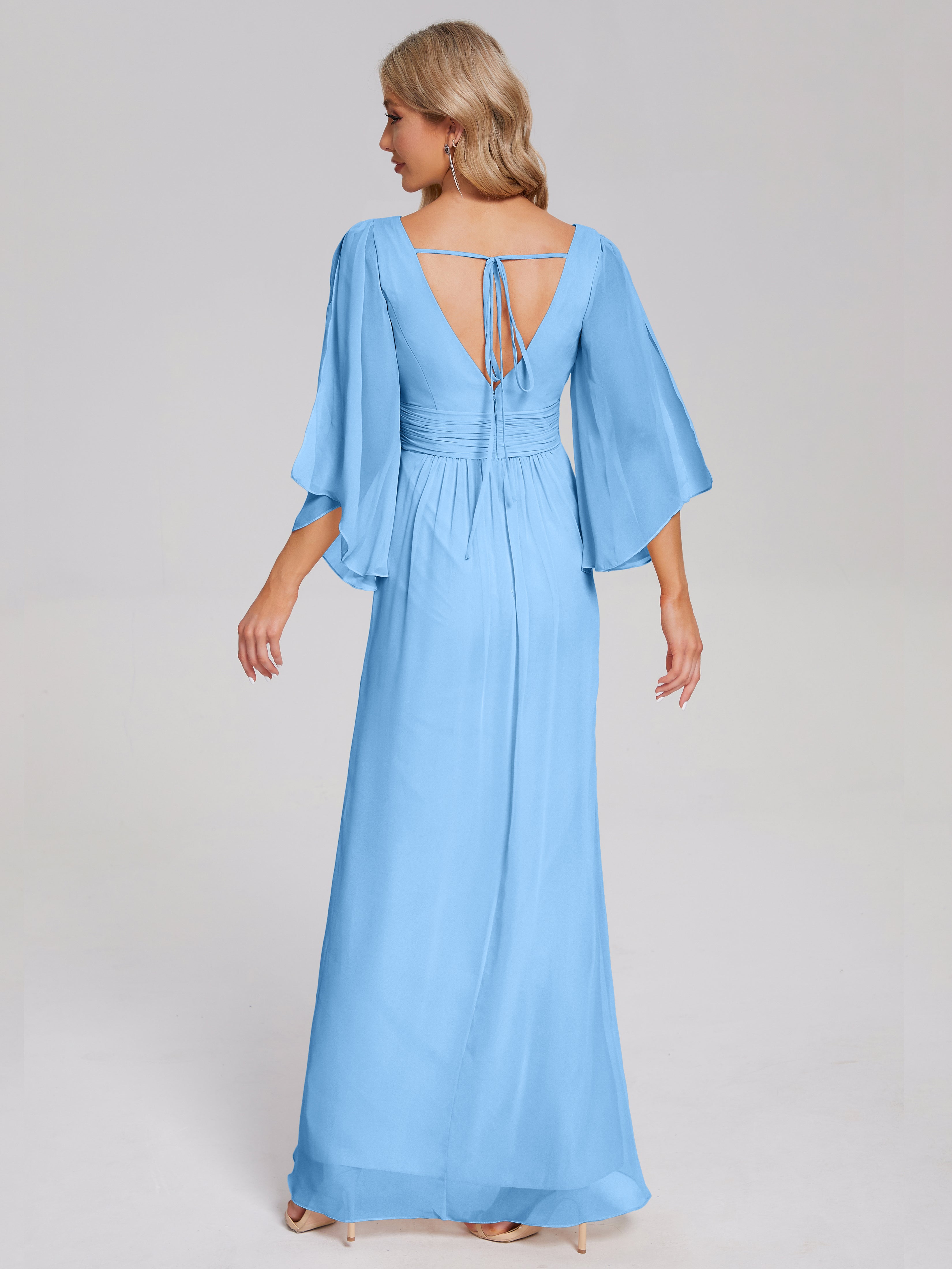 Robes De Demoiselle D'Honneur Bleues Demi Manches Col V Fendue Mousseline Robes Demoiselle D'Honneur