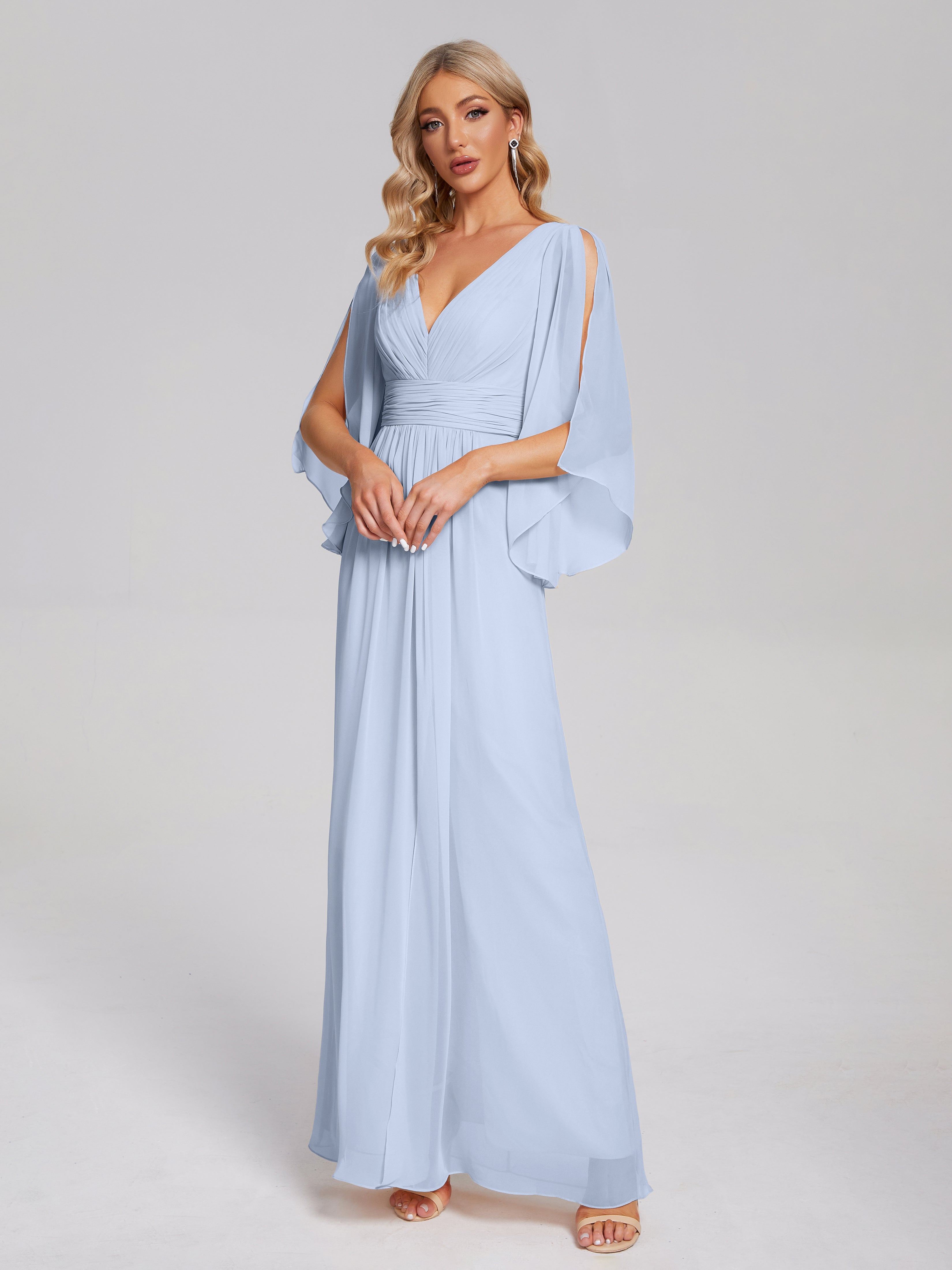 Robe Demoiselle D Honneur Bleue Ciel Demi Manches Col V Fendue Mousseline Robes Demoiselle D'Honneur