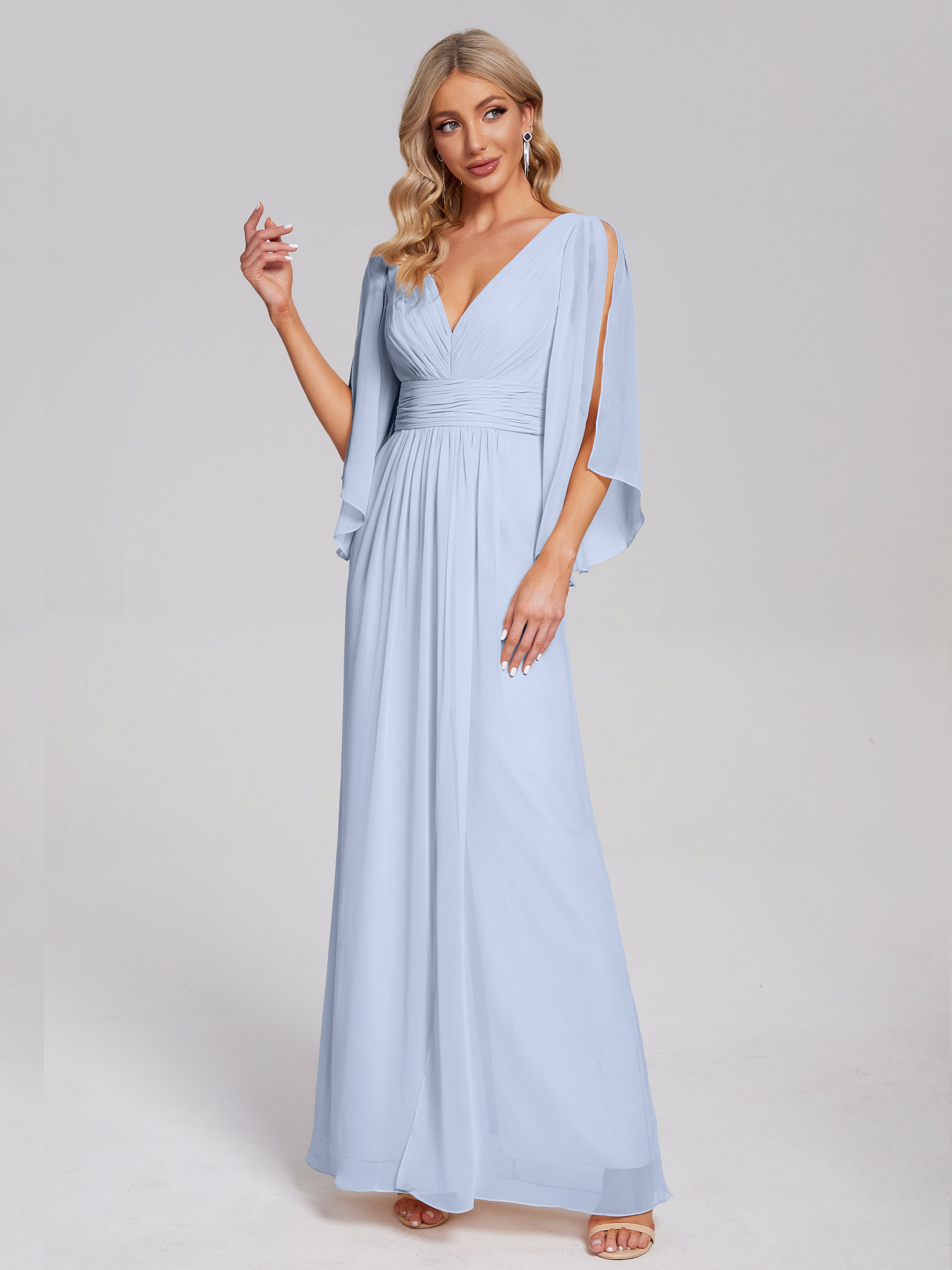 Robe Demoiselle D Honneur Bleue Ciel Demi Manches Col V Fendue Mousseline Robes Demoiselle D'Honneur