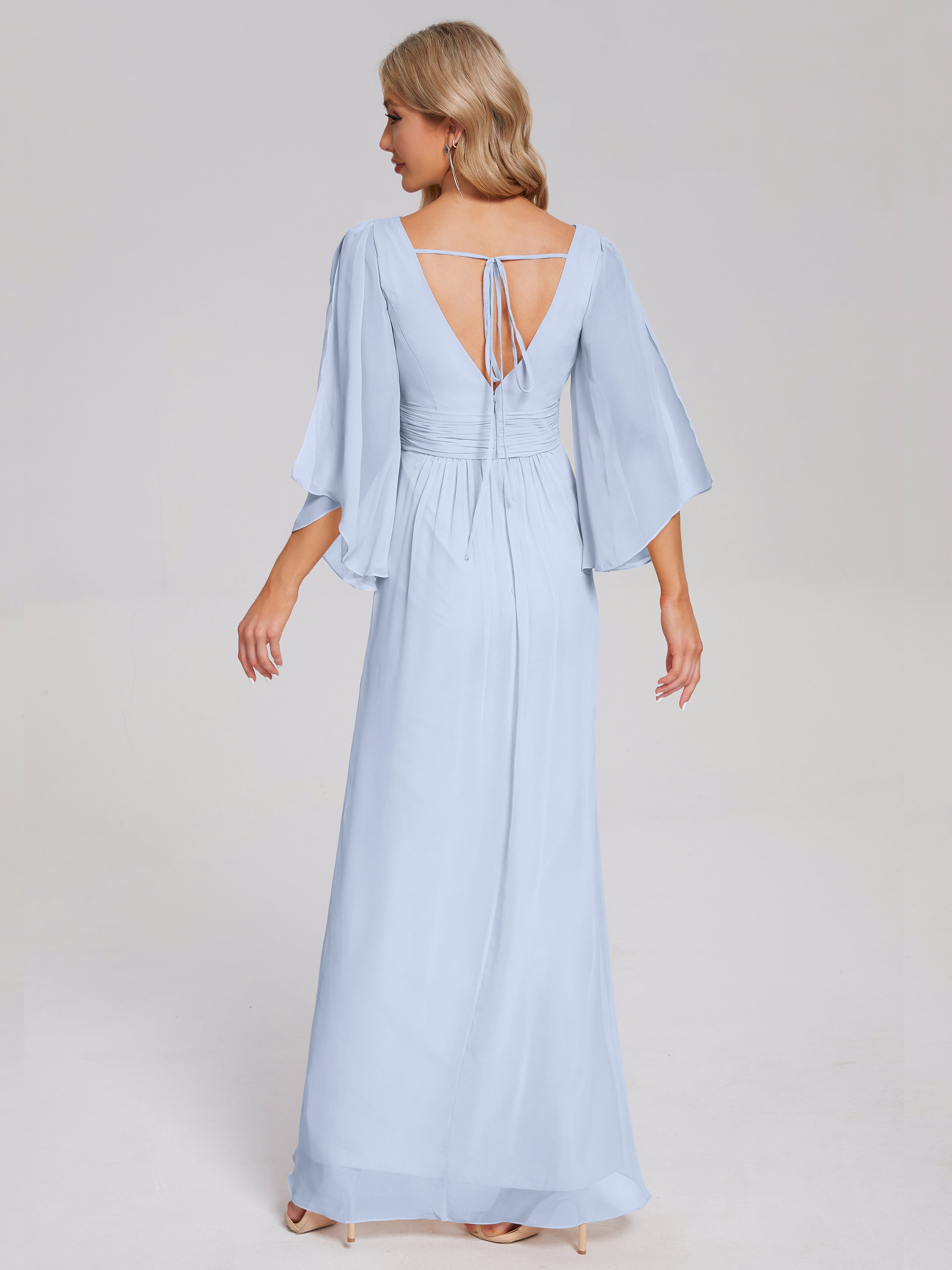 Robe Demoiselle D Honneur Bleue Ciel Demi Manches Col V Fendue Mousseline Robes Demoiselle D'Honneur
