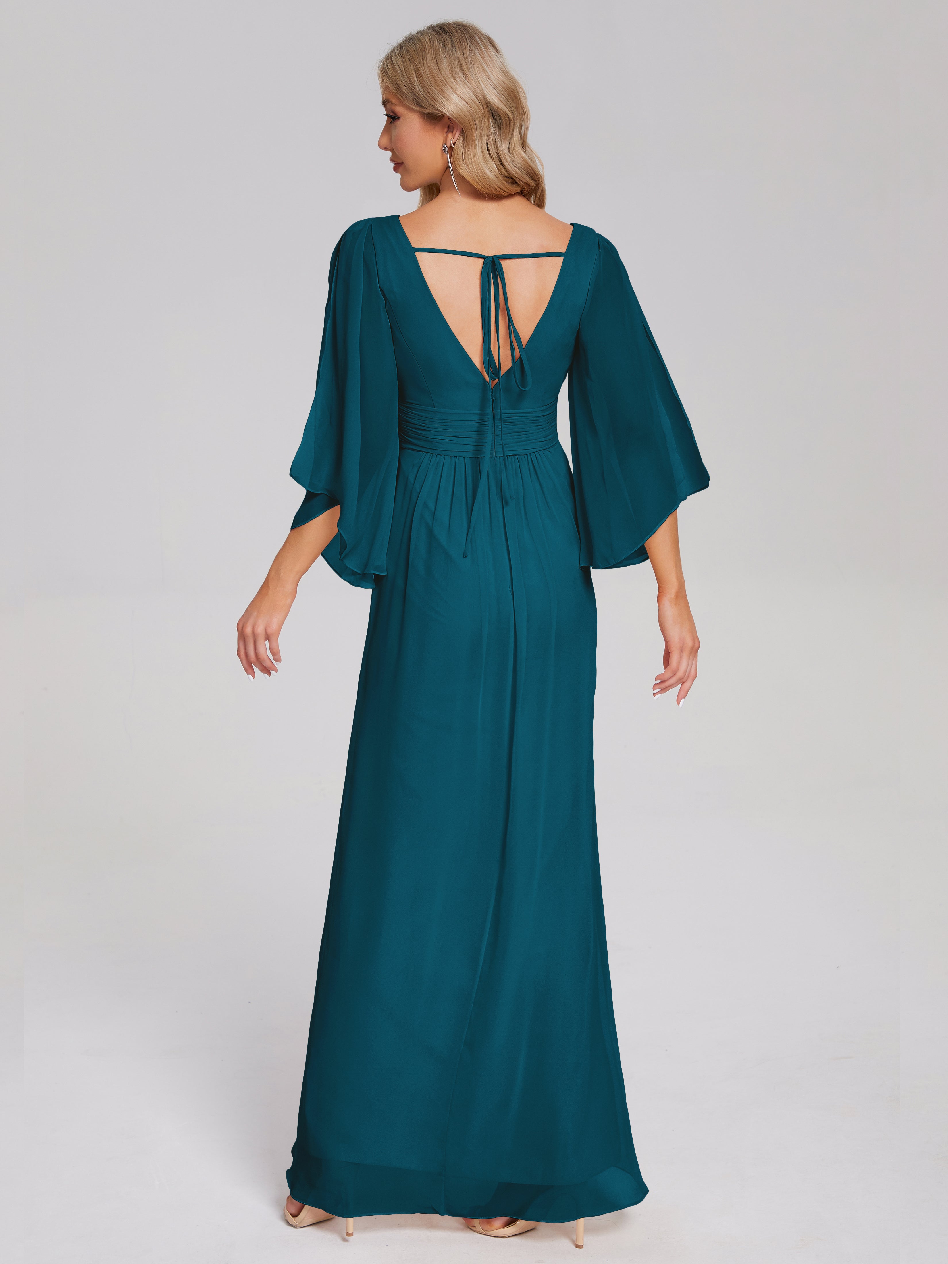 Robe De Demoiselle D'Honneur Bleu Encre Demi Manches Col V Fendue Mousseline Robes Demoiselle D'Honneur