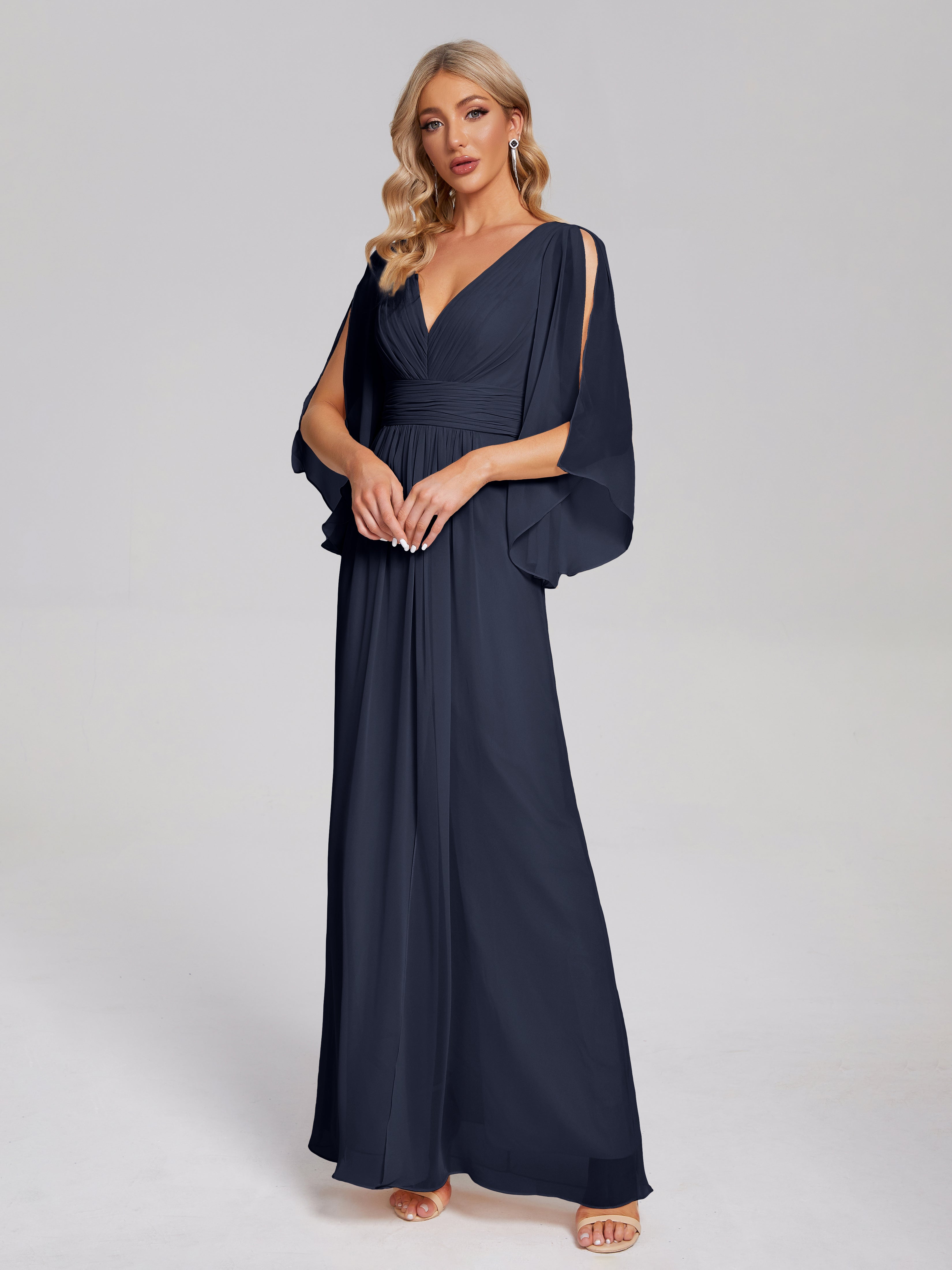 Robe Demoiselle D Honneur Bleue Marine Demi Manches Col V Fendue Mousseline Robes Demoiselle D'Honneur