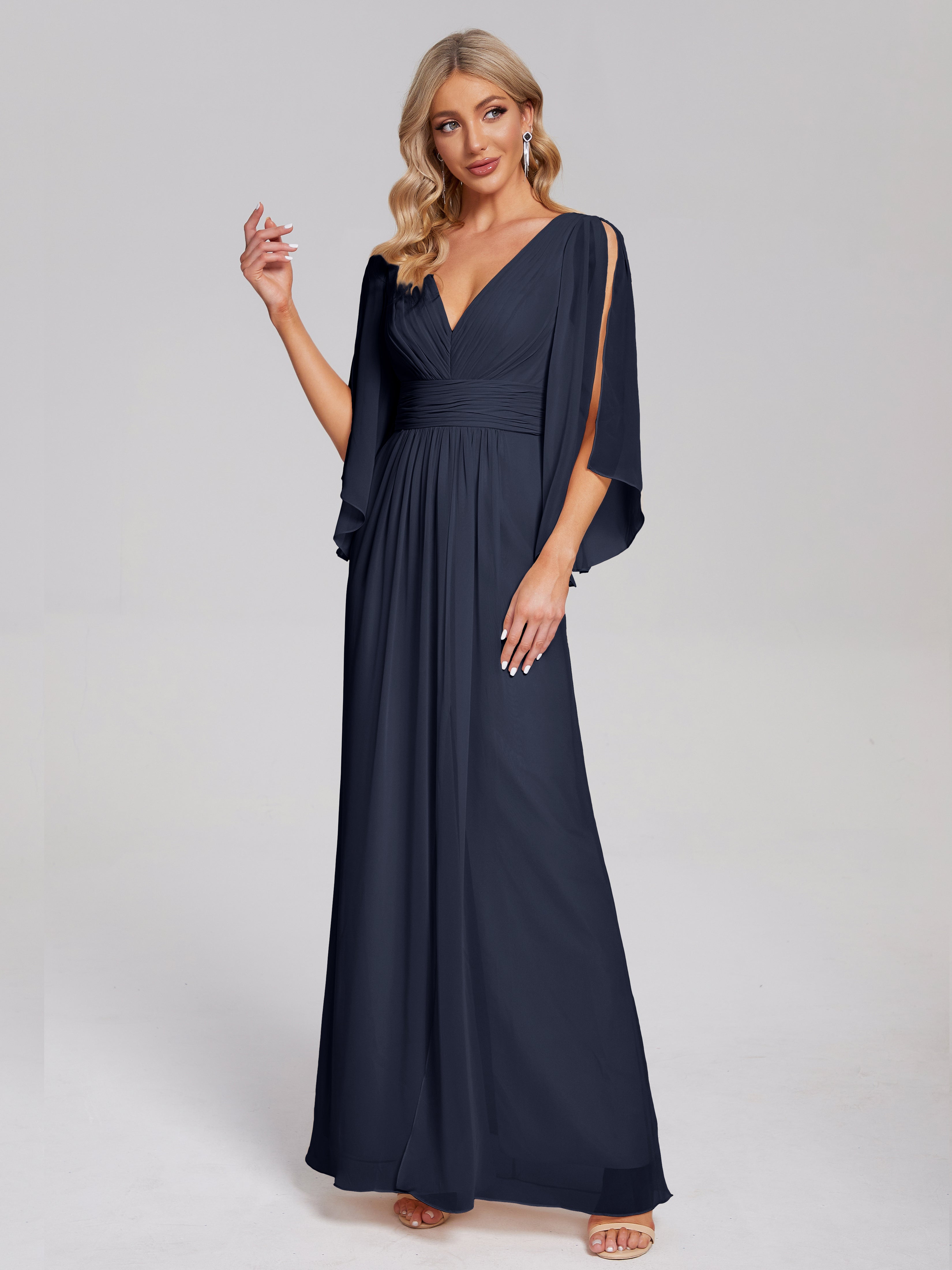 Robe Demoiselle D Honneur Bleue Marine Demi Manches Col V Fendue Mousseline Robes Demoiselle D'Honneur