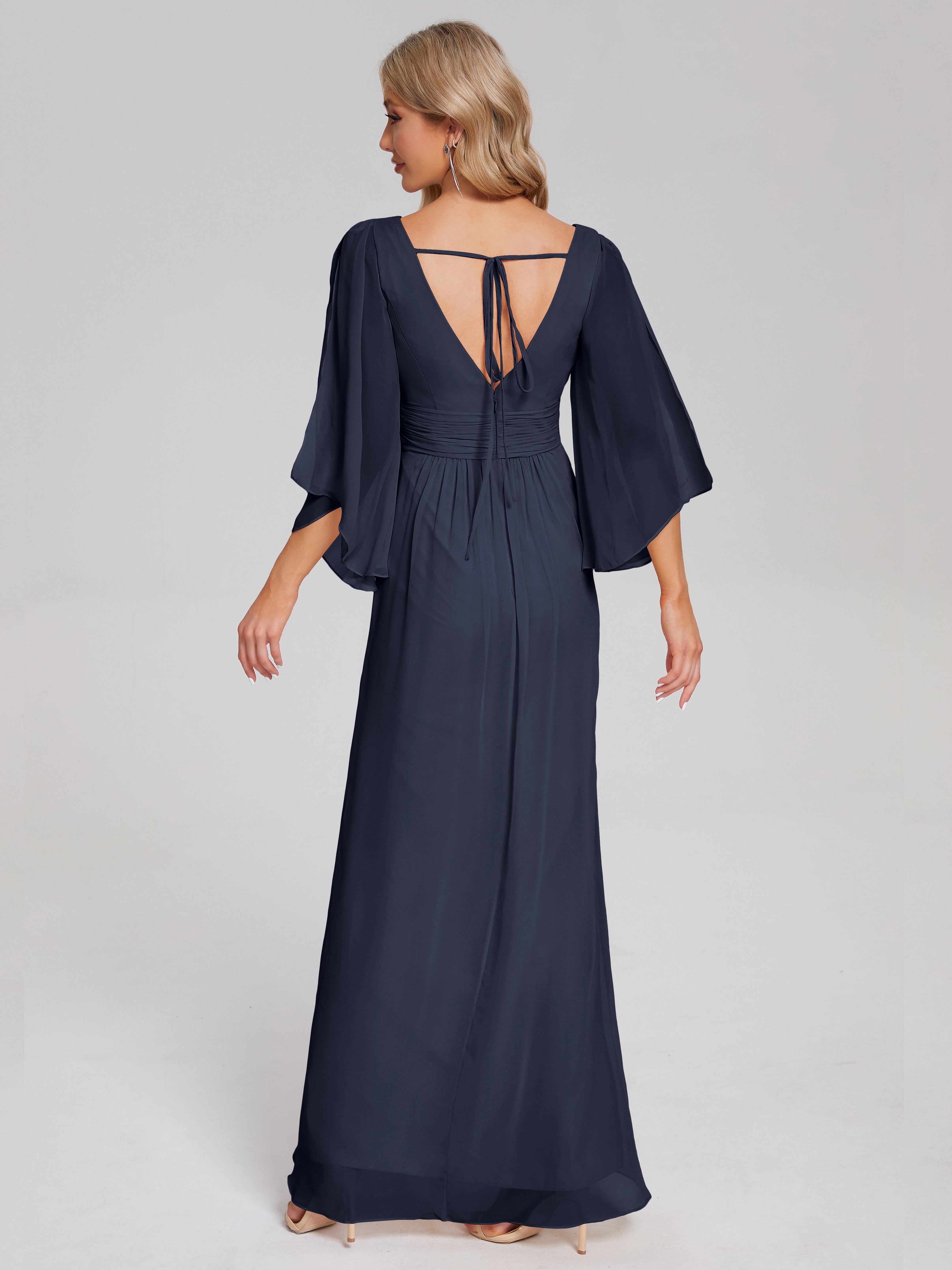 Robe Demoiselle D Honneur Bleue Marine Demi Manches Col V Fendue Mousseline Robes Demoiselle D'Honneur