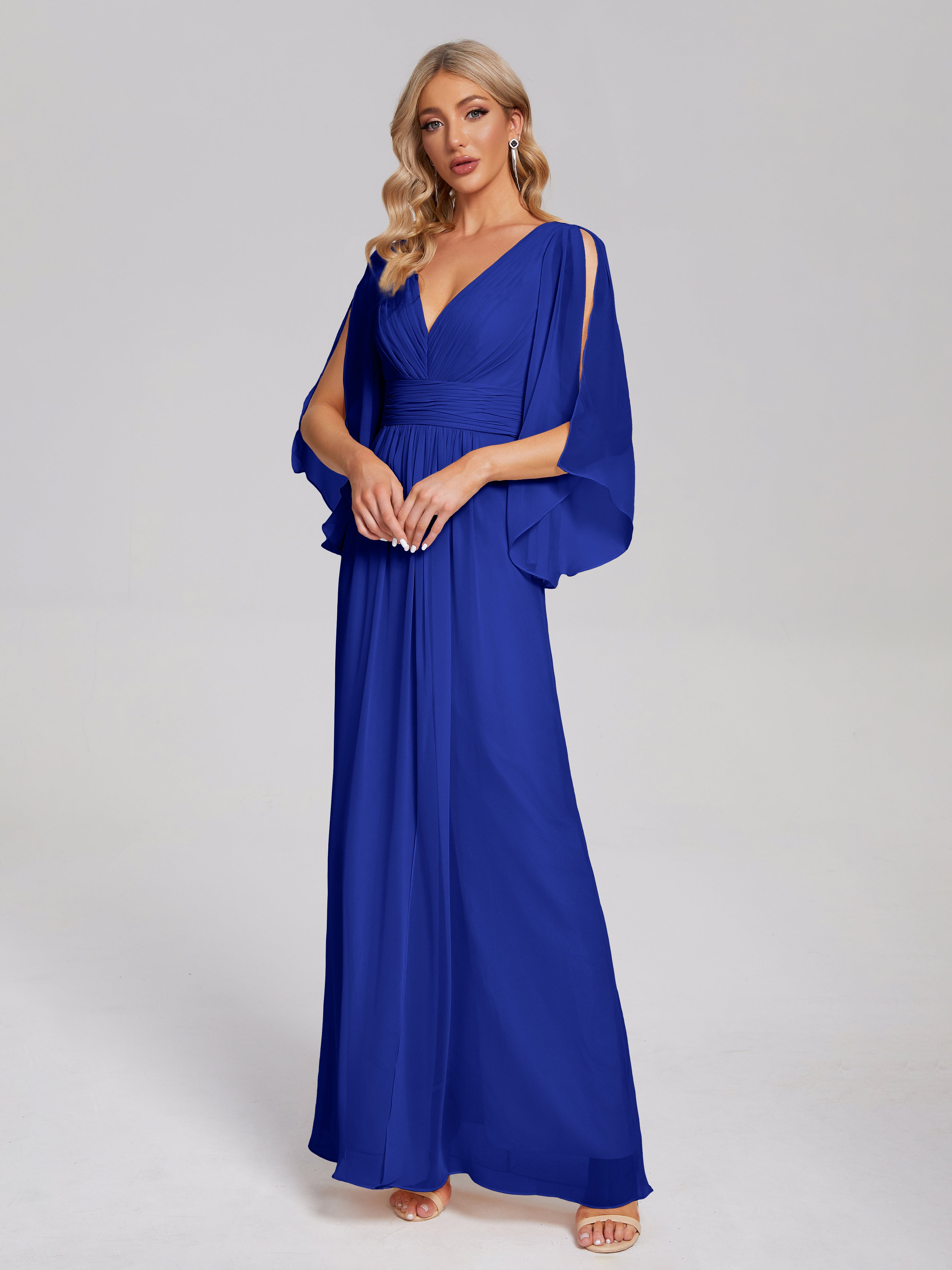 Mariage Robe Demoiselle D Honneur Bleu Roi Demi Manches Col V Fendue Mousseline Robes Demoiselle D'Honneur