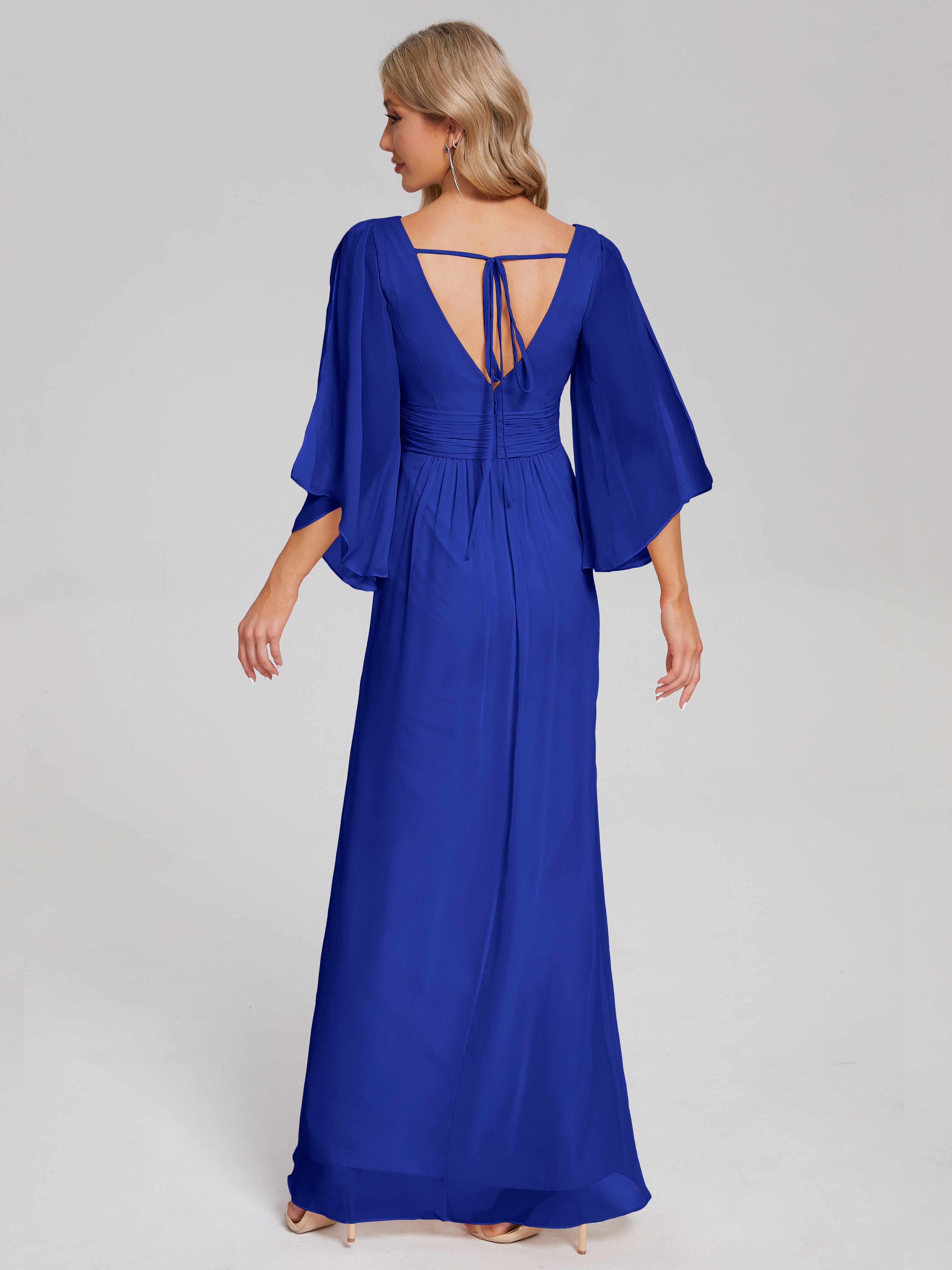 Mariage Robe Demoiselle D Honneur Bleu Roi Demi Manches Col V Fendue Mousseline Robes Demoiselle D'Honneur