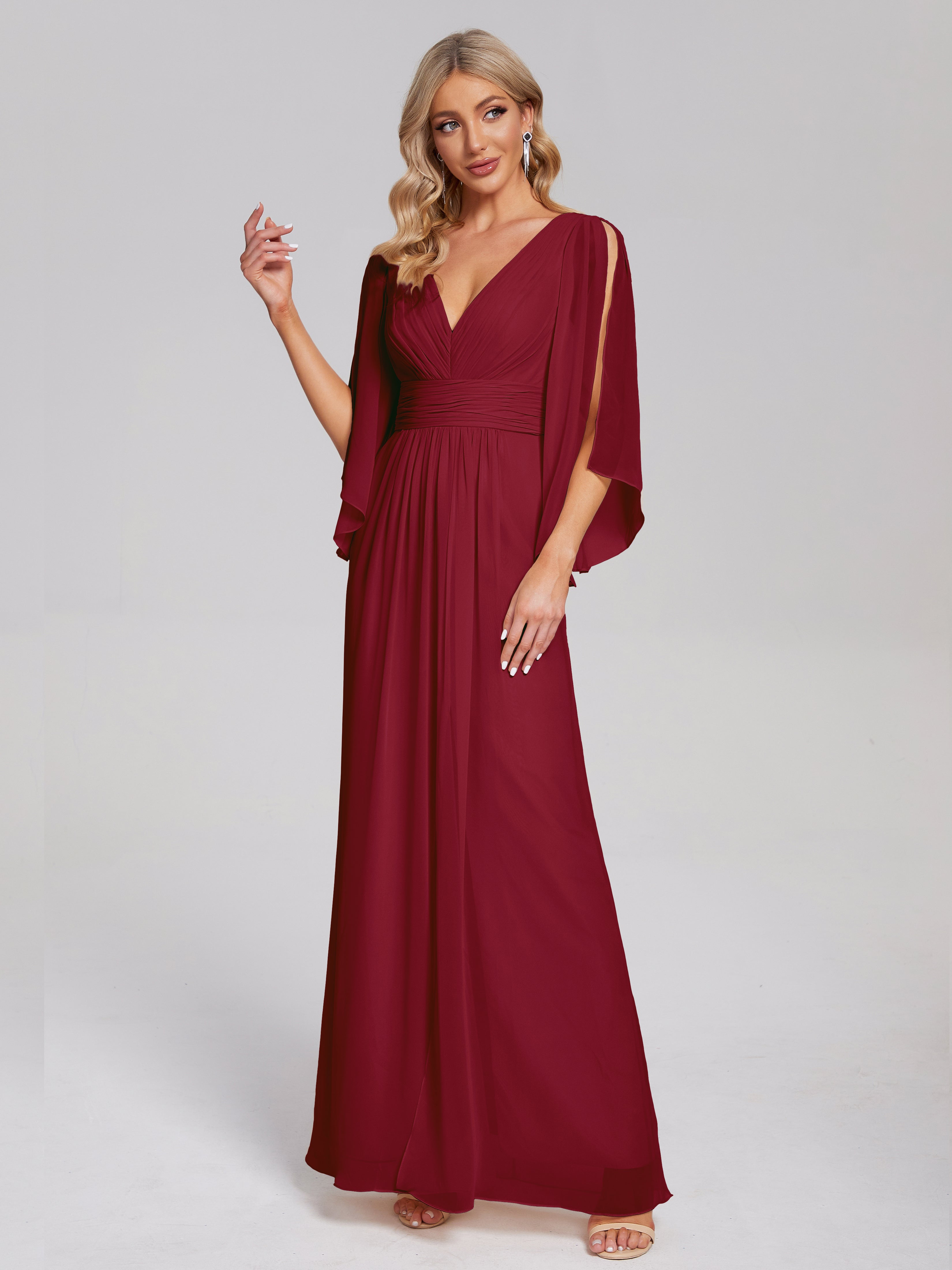 Robe Demoiselle Dhonneur Bordeaux Demi Manches Col V Fendue Mousseline Robes Demoiselle D'Honneur
